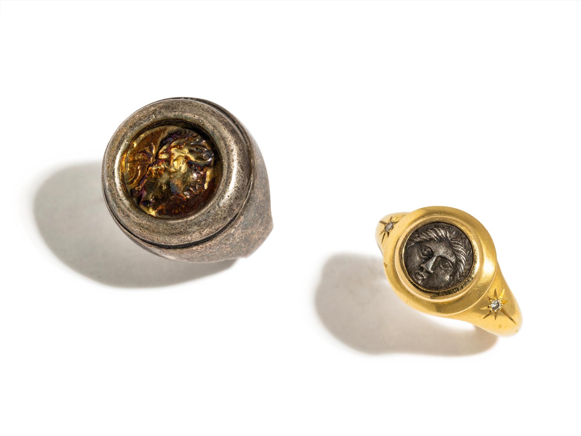 Two Greek Silver Coins — Set in silver and gold rings