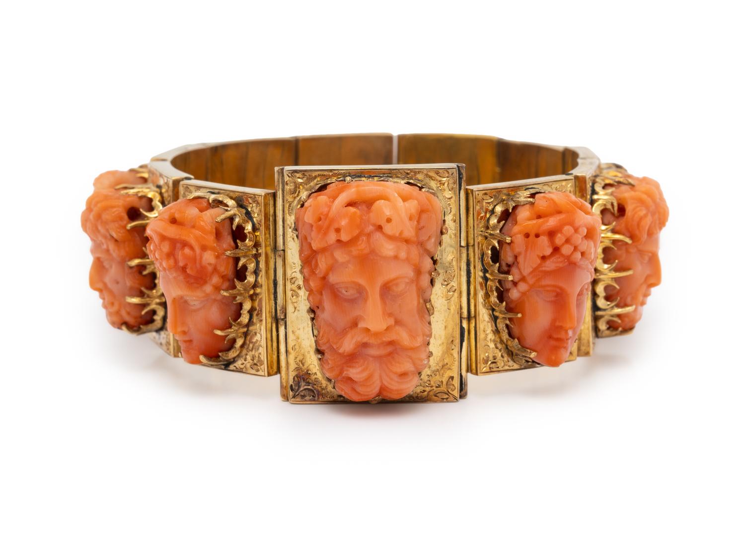 CARVED CORAL AND YELLOW GOLD BRACELET