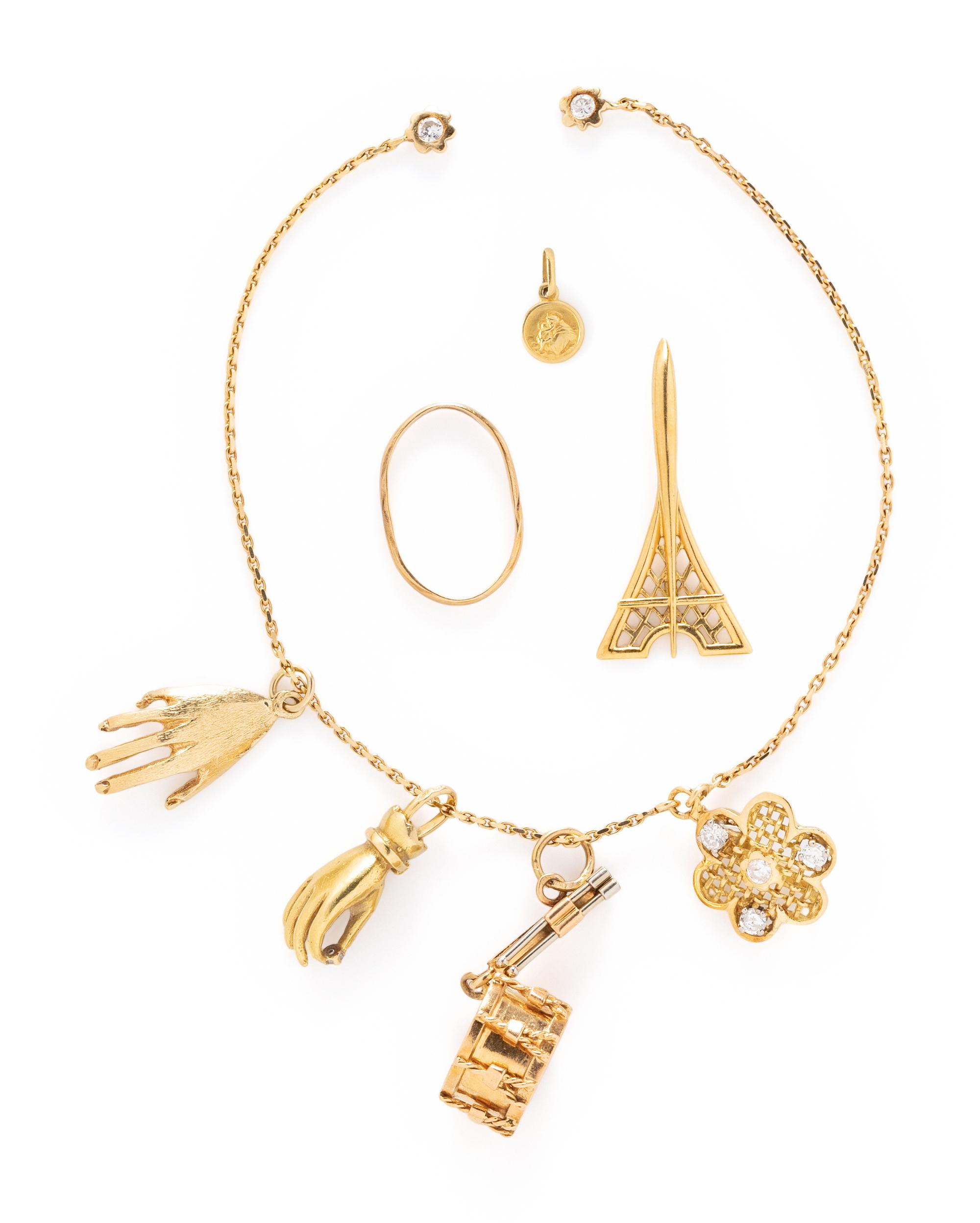 YELLOW GOLD CHARM BRACELET AND CHARMS