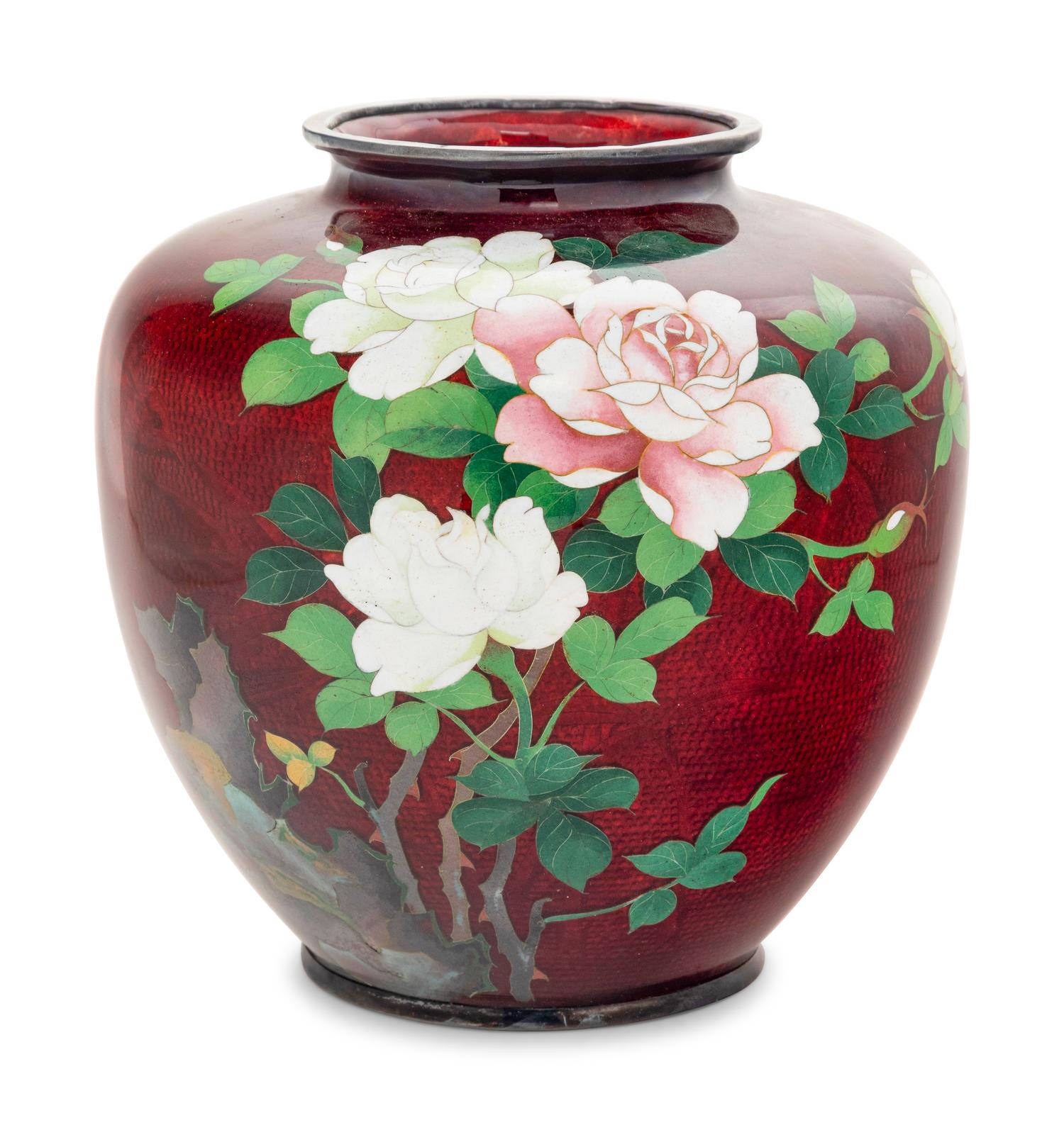 A Group of Six Japanese Red Ground Cloisonné Vessels