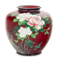 A Group of Six Japanese Red Ground Cloisonné Vessels