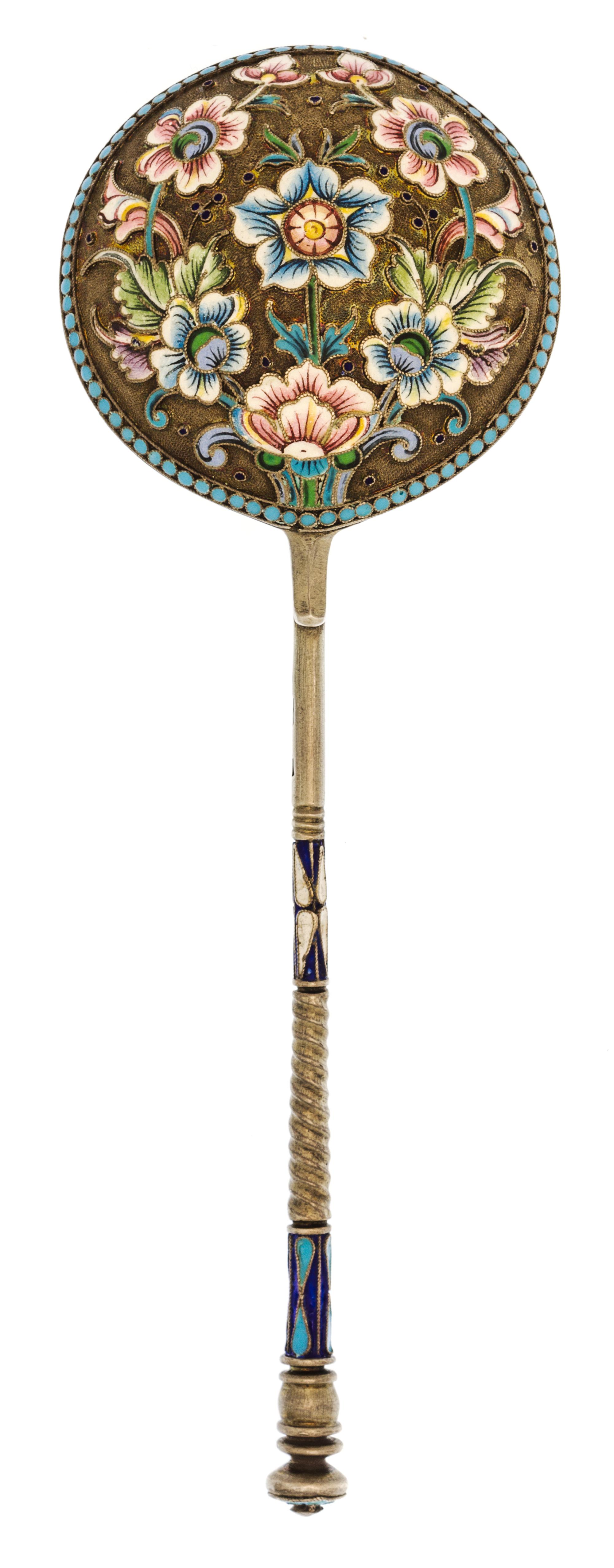 A Russian Silver and Enamel Spoon, Mark of Nikolai Zverev, Moscow, late 19th century, having an enameled finial surmounting an enamel a