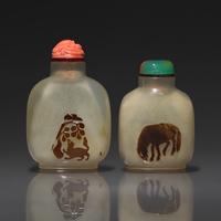 Two Chinese Carved "Shadow Agate" Snuff Bottles, Qing Dynasty, 18th-19th Century — 清中期 瑪瑙巧雕鼻煙壺兩支