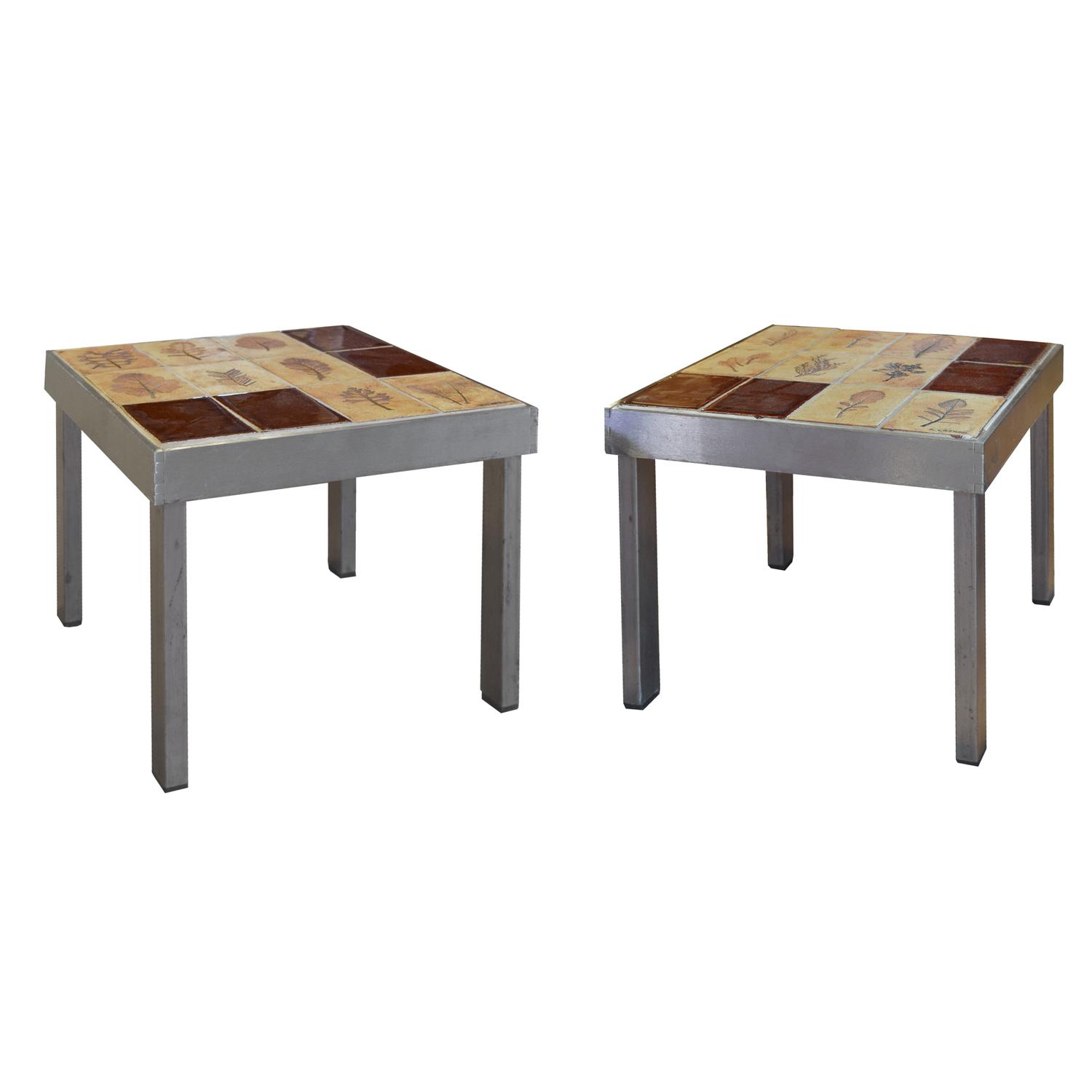 A Pair of Mid-Century Steel and Tile Tables by Roger Capron 14.25" W x 16.25" D x 11.5" H — France, Circa 1960