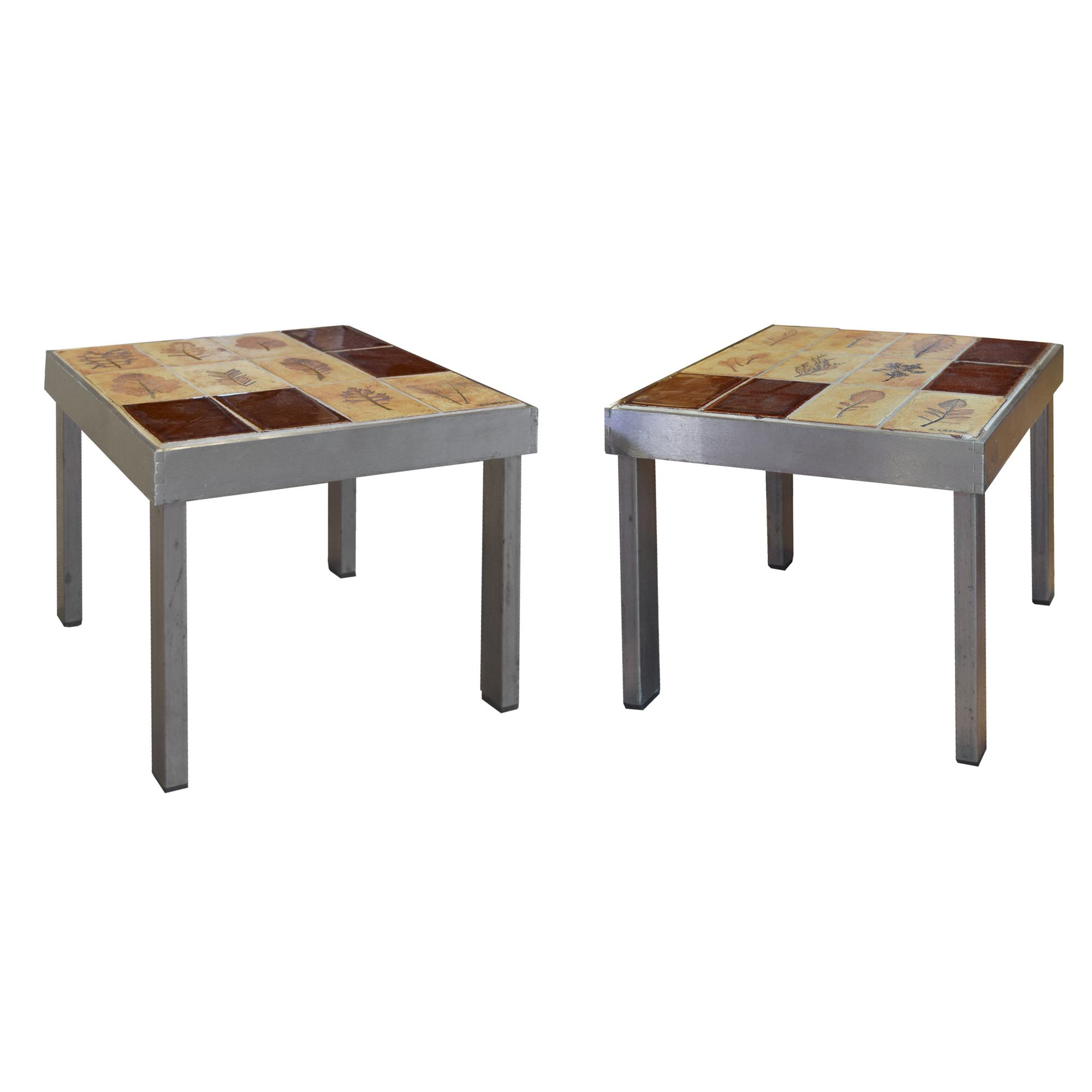 A Pair of Mid-Century Steel and Tile Tables by Roger Capron 14.25" W x 16.25" D x 11.5" H — France, Circa 1960