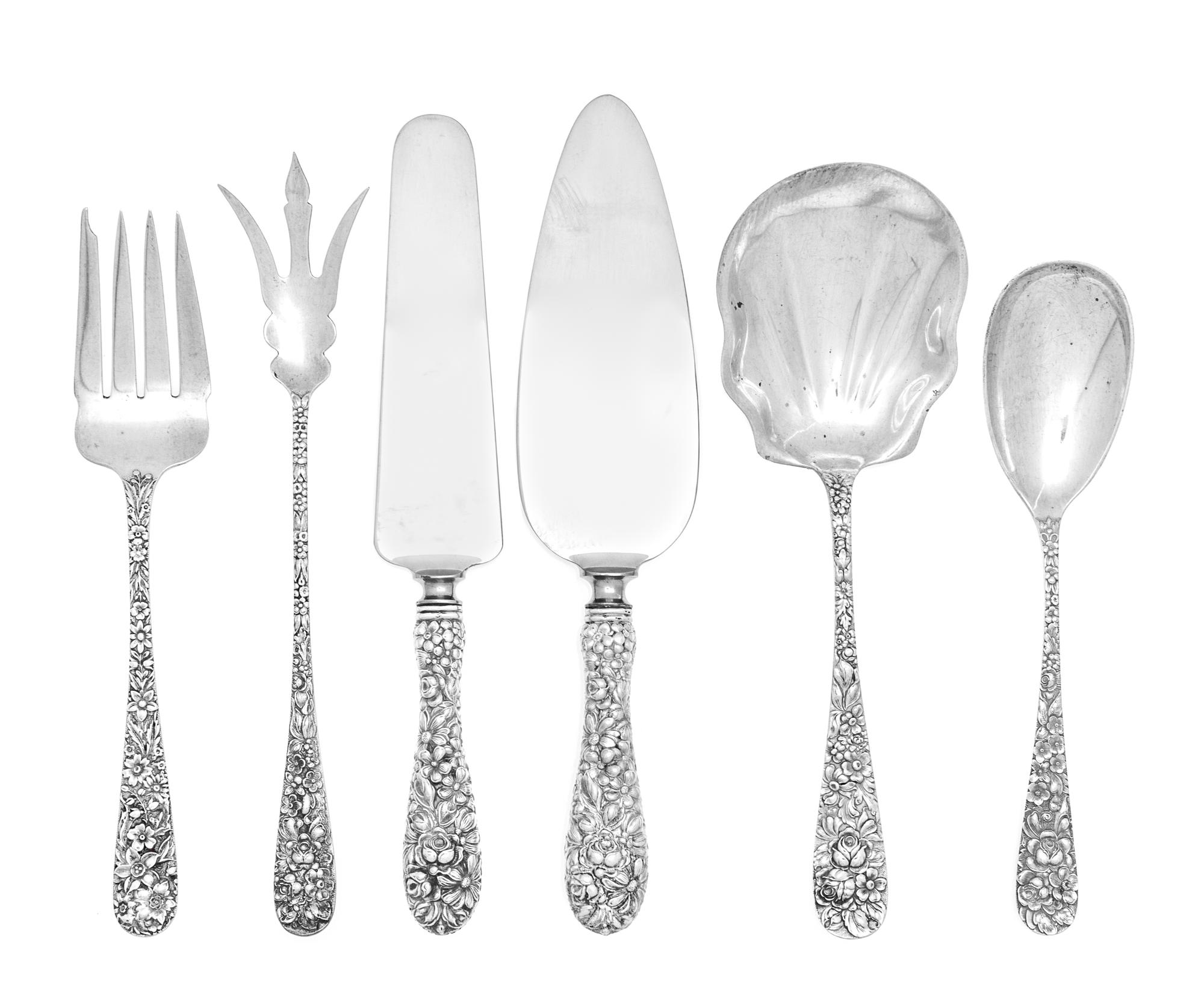 A Collection of American Silver Serving Articles, The Stieff Company, Baltimore, MD, Repousse pattern, comprising: 3 cake servers 3 pic