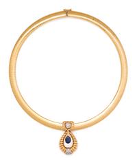 YELLOW GOLD, SAPPHIRE AND DIAMOND PENDANT/NECKLACE