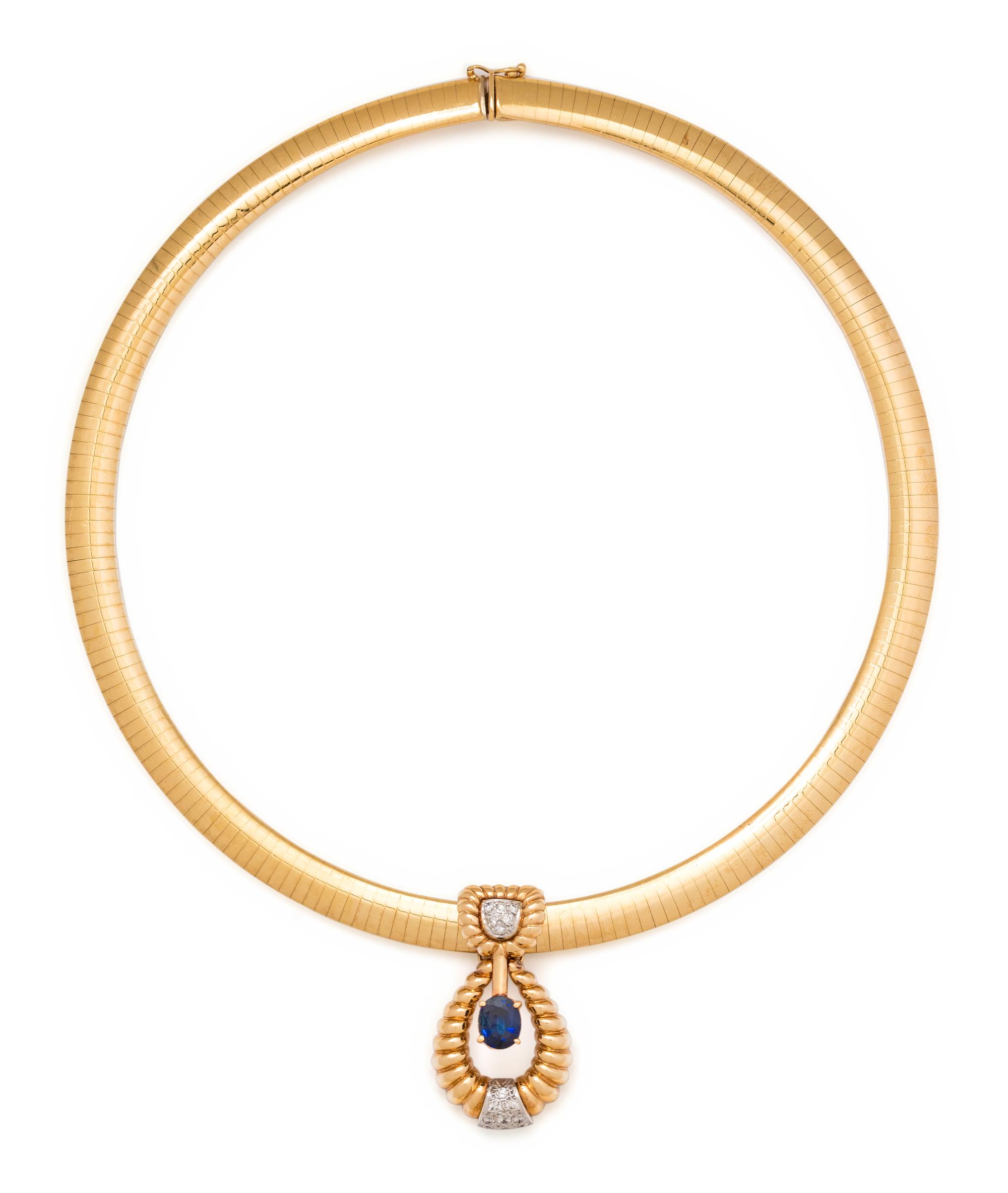 YELLOW GOLD, SAPPHIRE AND DIAMOND PENDANT/NECKLACE