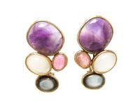 A Pair of Gilt Silver, Amethyst, Cat's Eye Moonstone, Tourmaline and Mother-of-Pearl Earclips, KYLO, 14.30 dwts.