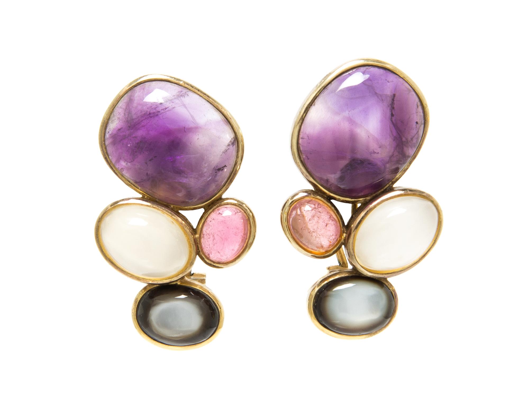 A Pair of Gilt Silver, Amethyst, Cat's Eye Moonstone, Tourmaline and Mother-of-Pearl Earclips, KYLO, 14.30 dwts.
