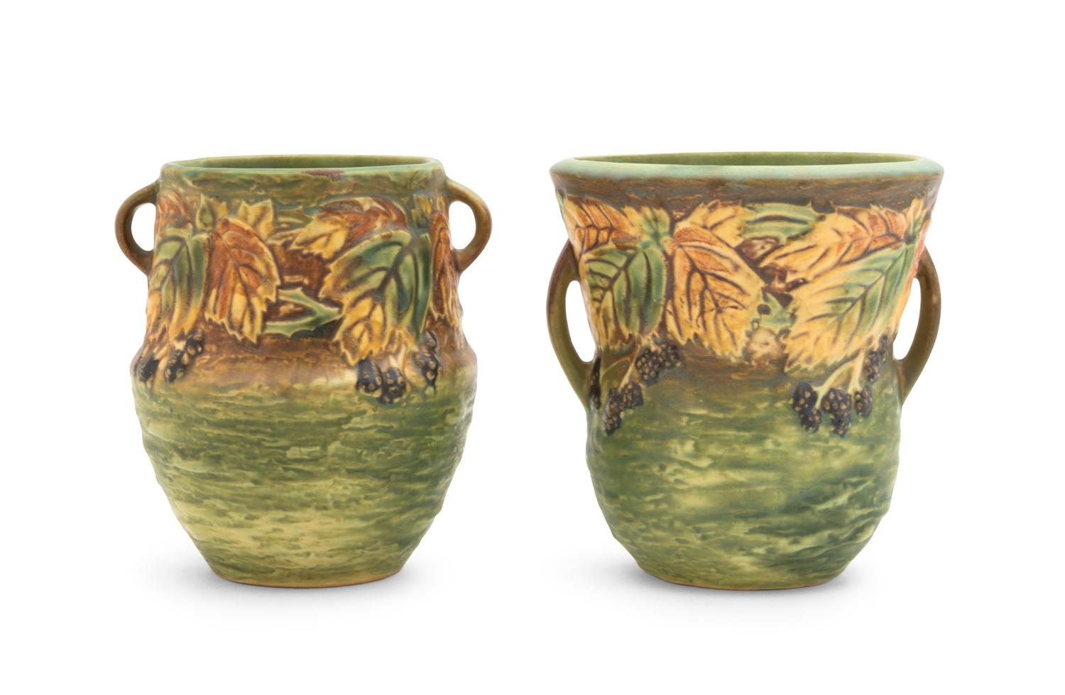 Two Roseville Blackberry Pottery Vases Height 6 1/4 inches.