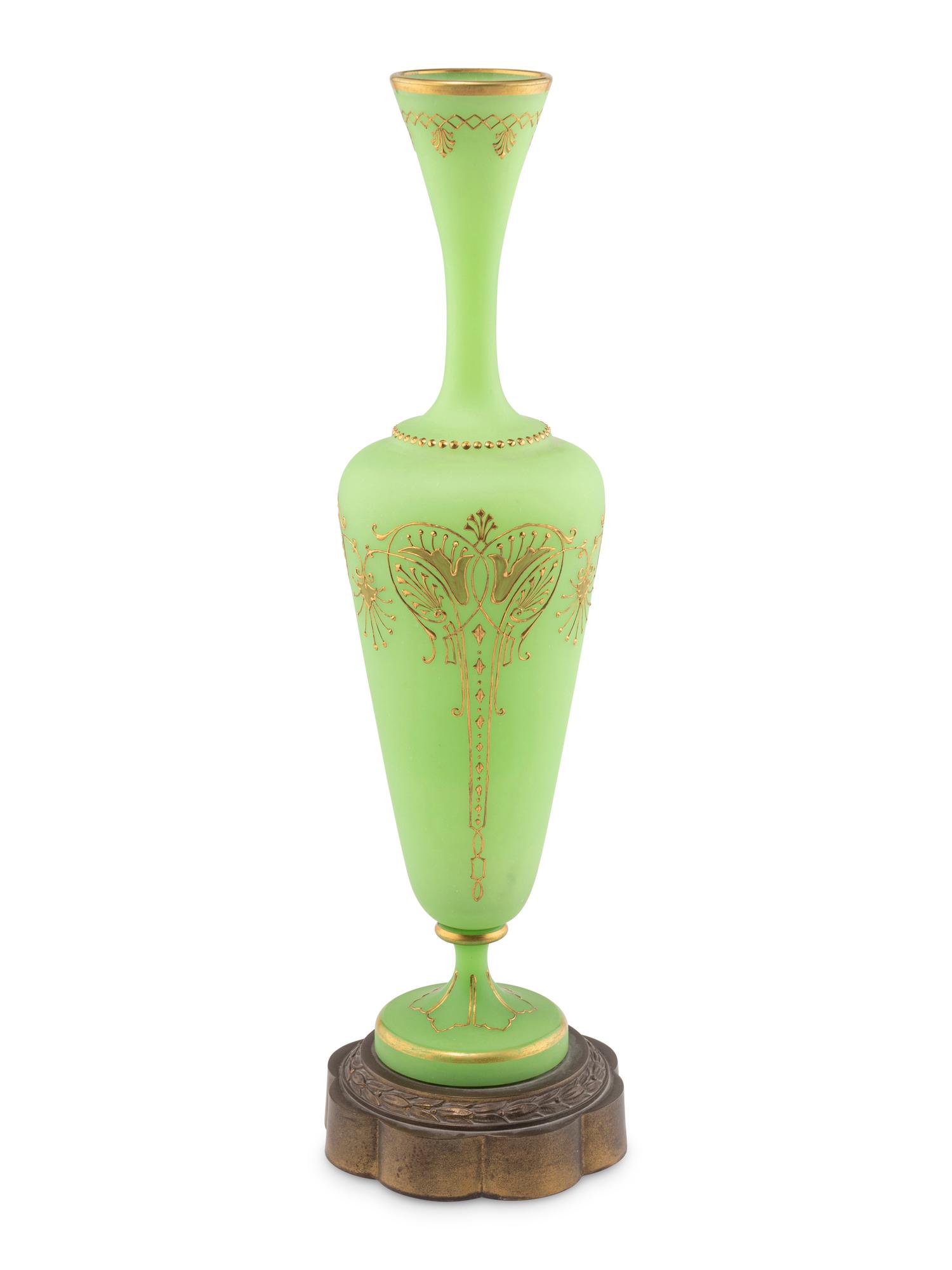 A French Gilt Decorated Green Opaline Glass Vase