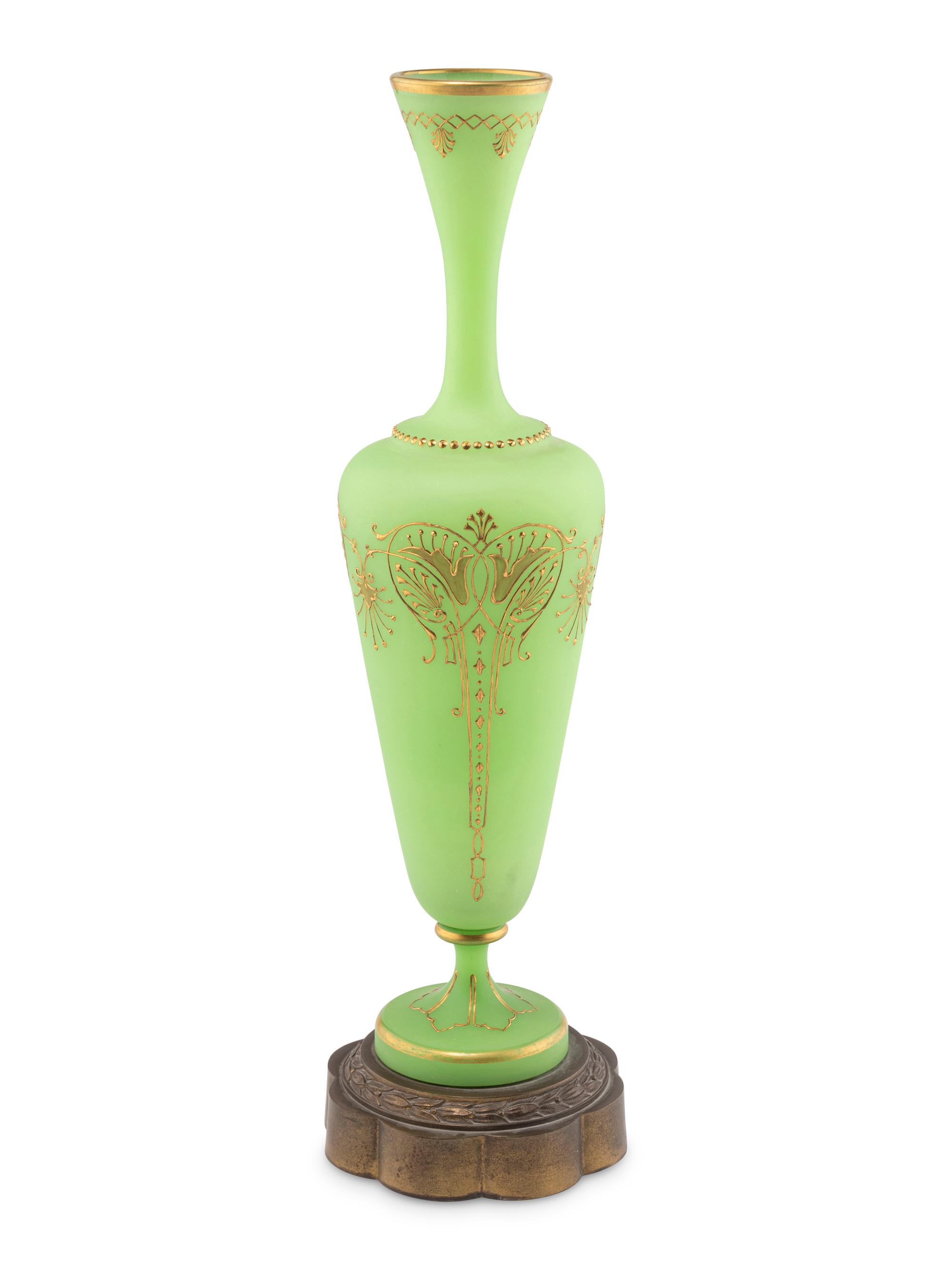 A French Gilt Decorated Green Opaline Glass Vase