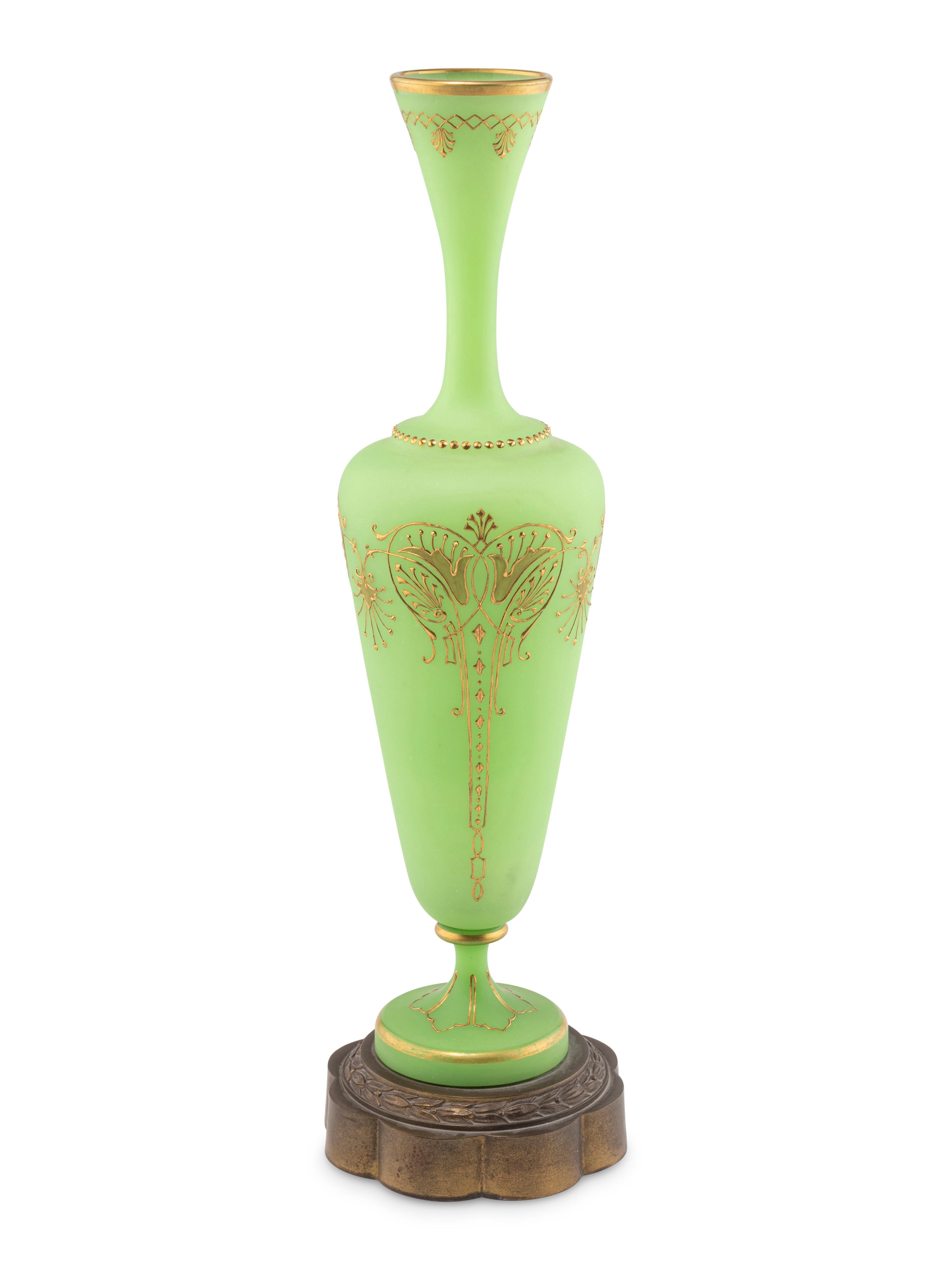 A French Gilt Decorated Green Opaline Glass Vase