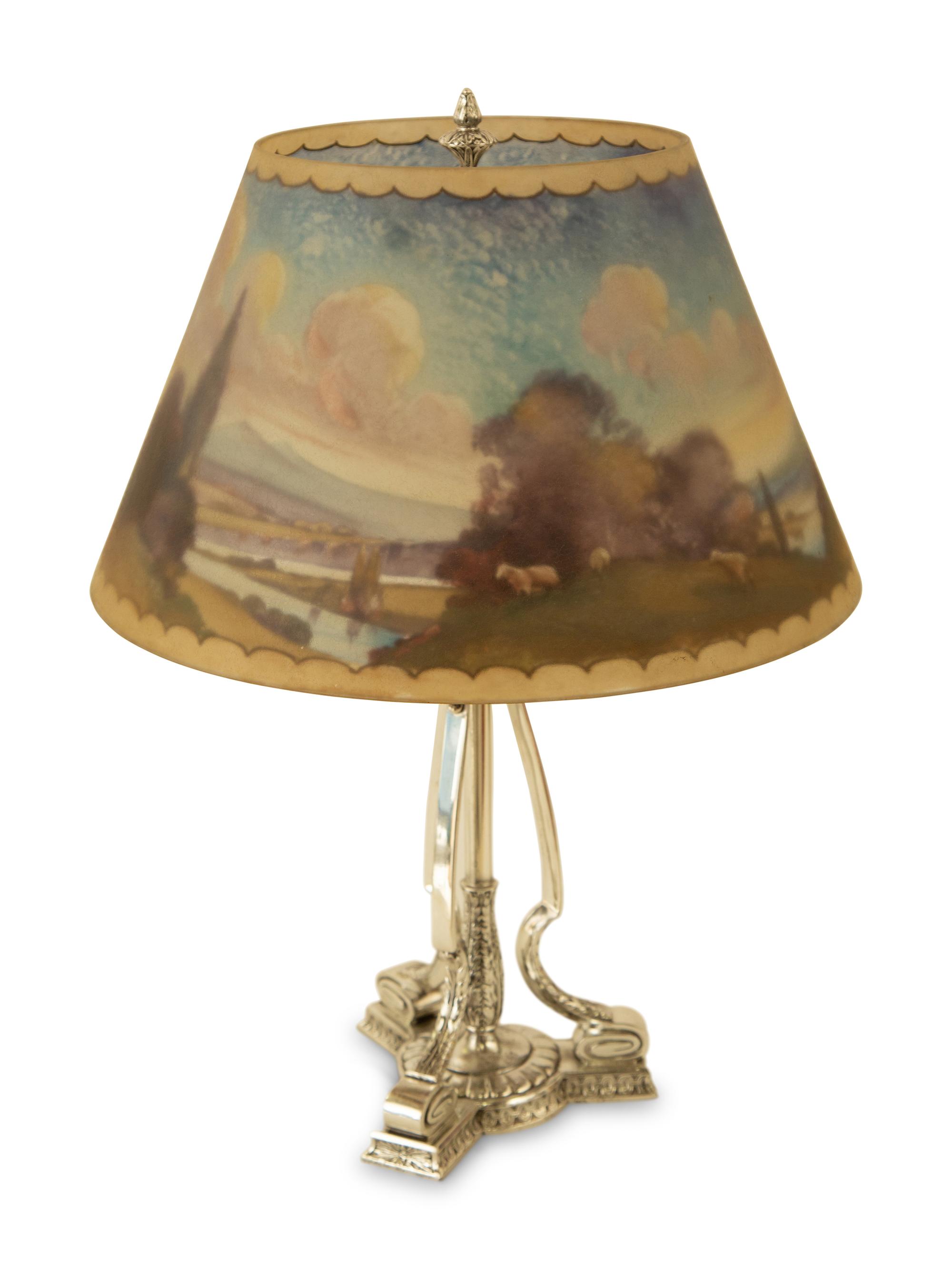 A Silver-Plate Table Lamp with a Reverse-Painted Glass Shade
