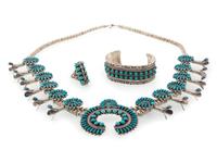 Navajo Silver and Petit Point Turquoise Squash Blossom Necklace, Cuff Bracelet, AND Ring