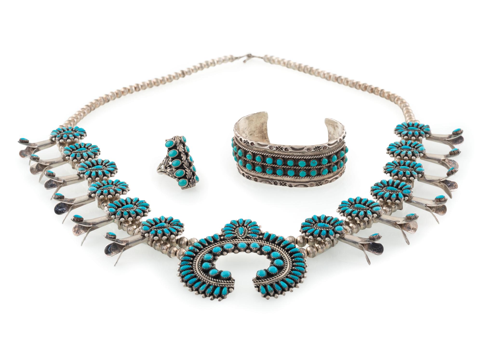Navajo Silver and Petit Point Turquoise Squash Blossom Necklace, Cuff Bracelet, AND Ring