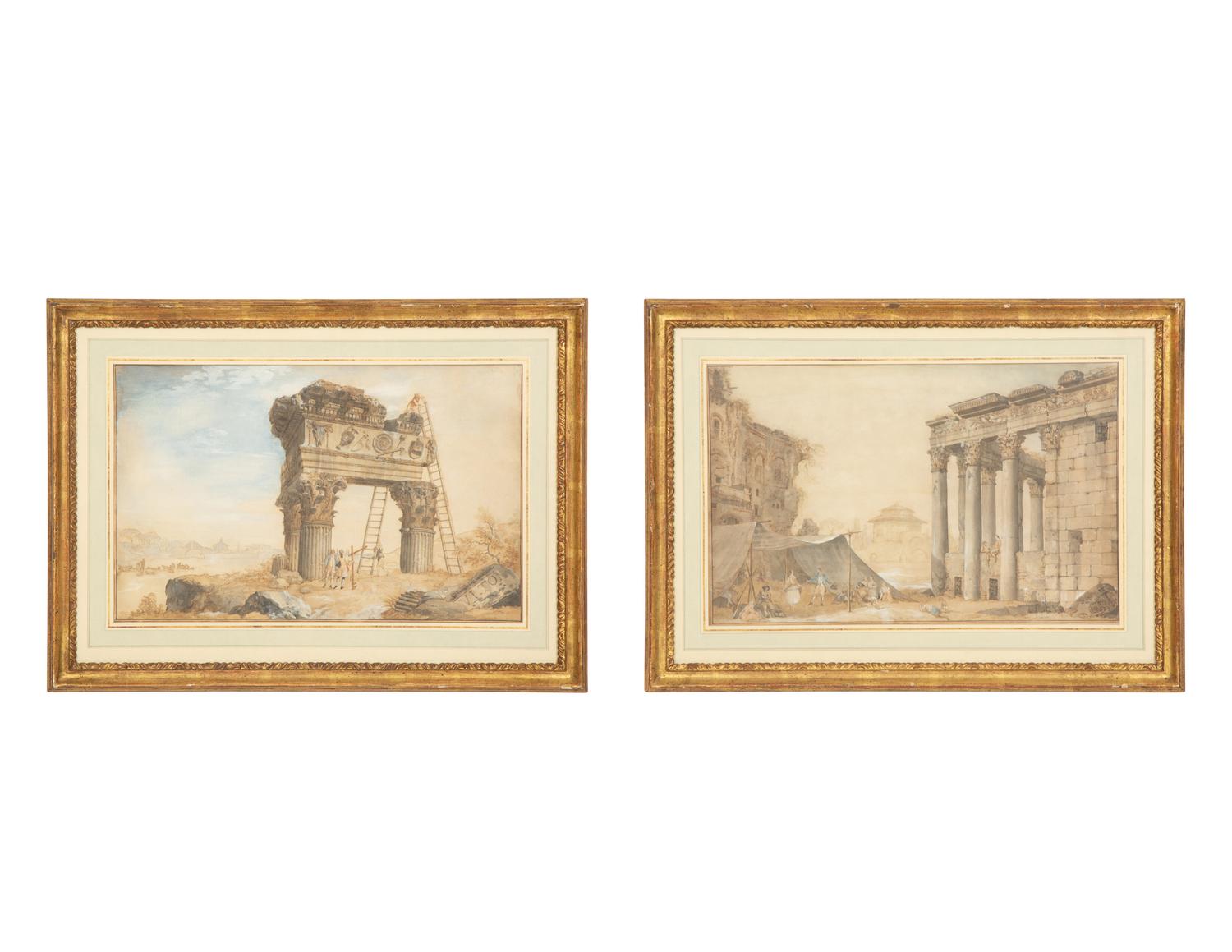 Architects Measuring the Temple of Jupiter Tonans and Revelers Near the Temple of Antonino and Faustina (two works)