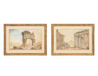 Architects Measuring the Temple of Jupiter Tonans and Revelers Near the Temple of Antonino and Faustina (two works)