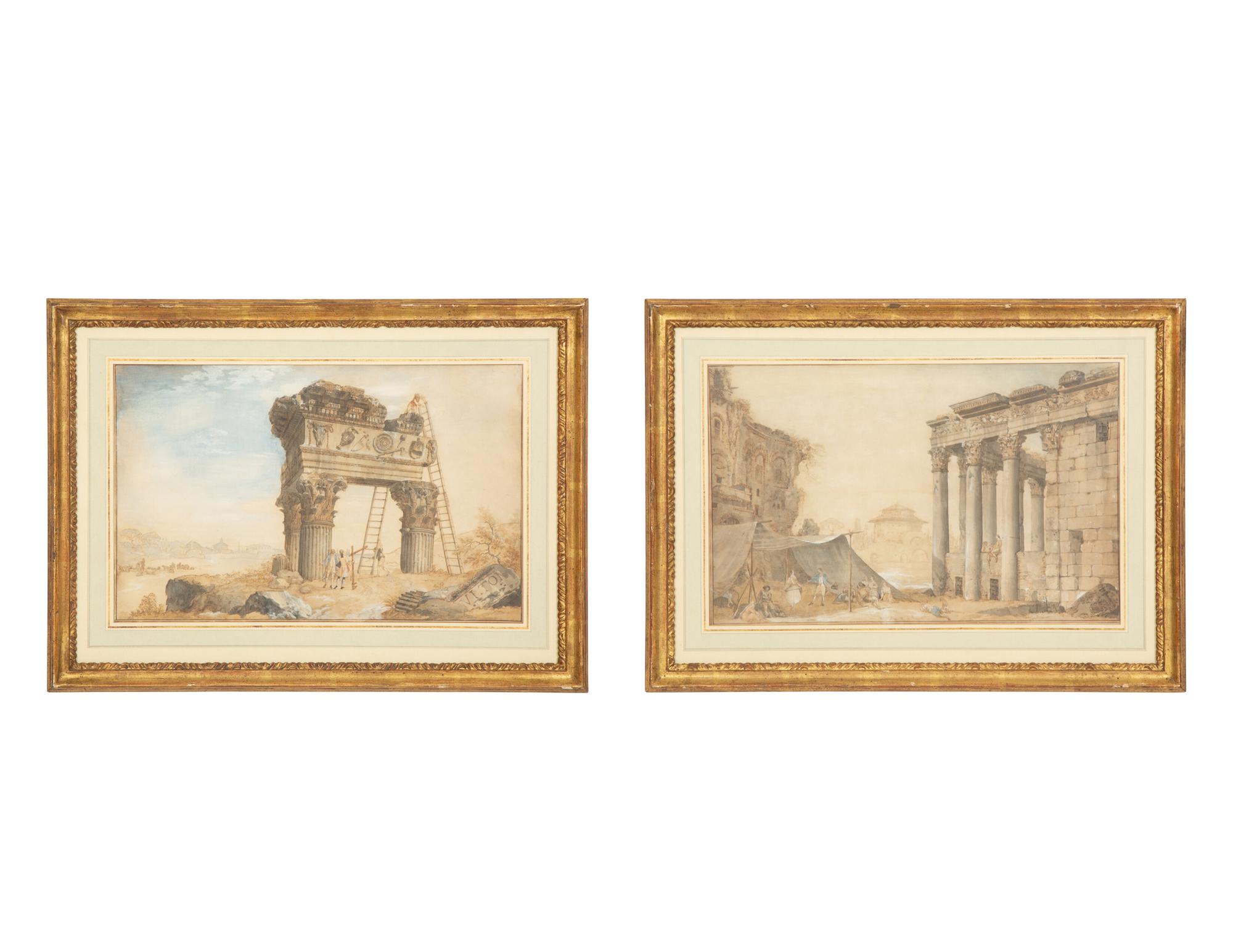 Architects Measuring the Temple of Jupiter Tonans and Revelers Near the Temple of Antonino and Faustina (two works)