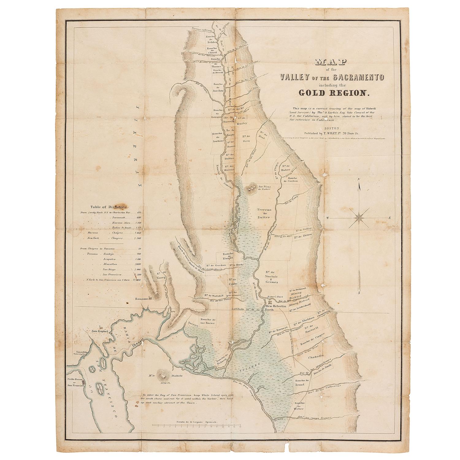 [GOLD RUSH]. LARKIN, Thomas O. (1802-1858). Map of the Valley of the Sacramento including the Gold Region . Boston: J.H. Bufford & Co and T. Wiley Jr., ca 1848.