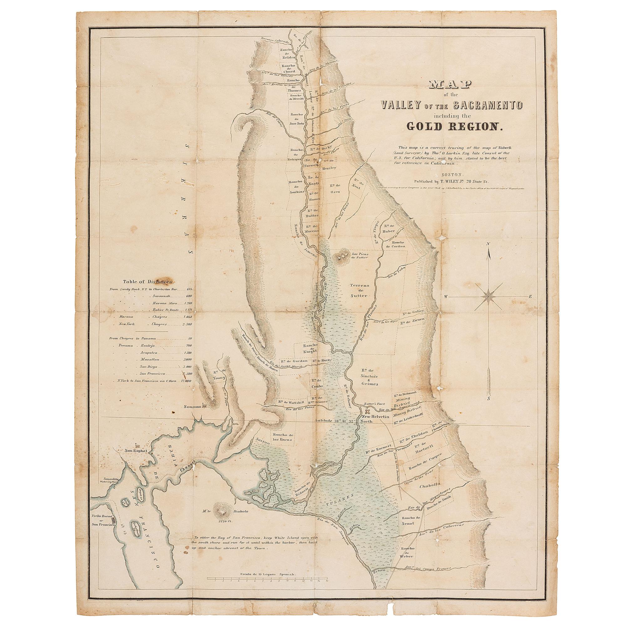 [GOLD RUSH]. LARKIN, Thomas O. (1802-1858). Map of the Valley of the Sacramento including the Gold Region . Boston: J.H. Bufford & Co and T. Wiley Jr., ca 1848.