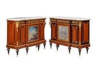 A Matched Pair of Louis XVI Style Gilt Bronze and Porcelain Mounted Parquetry Marble-Top Cabinets
