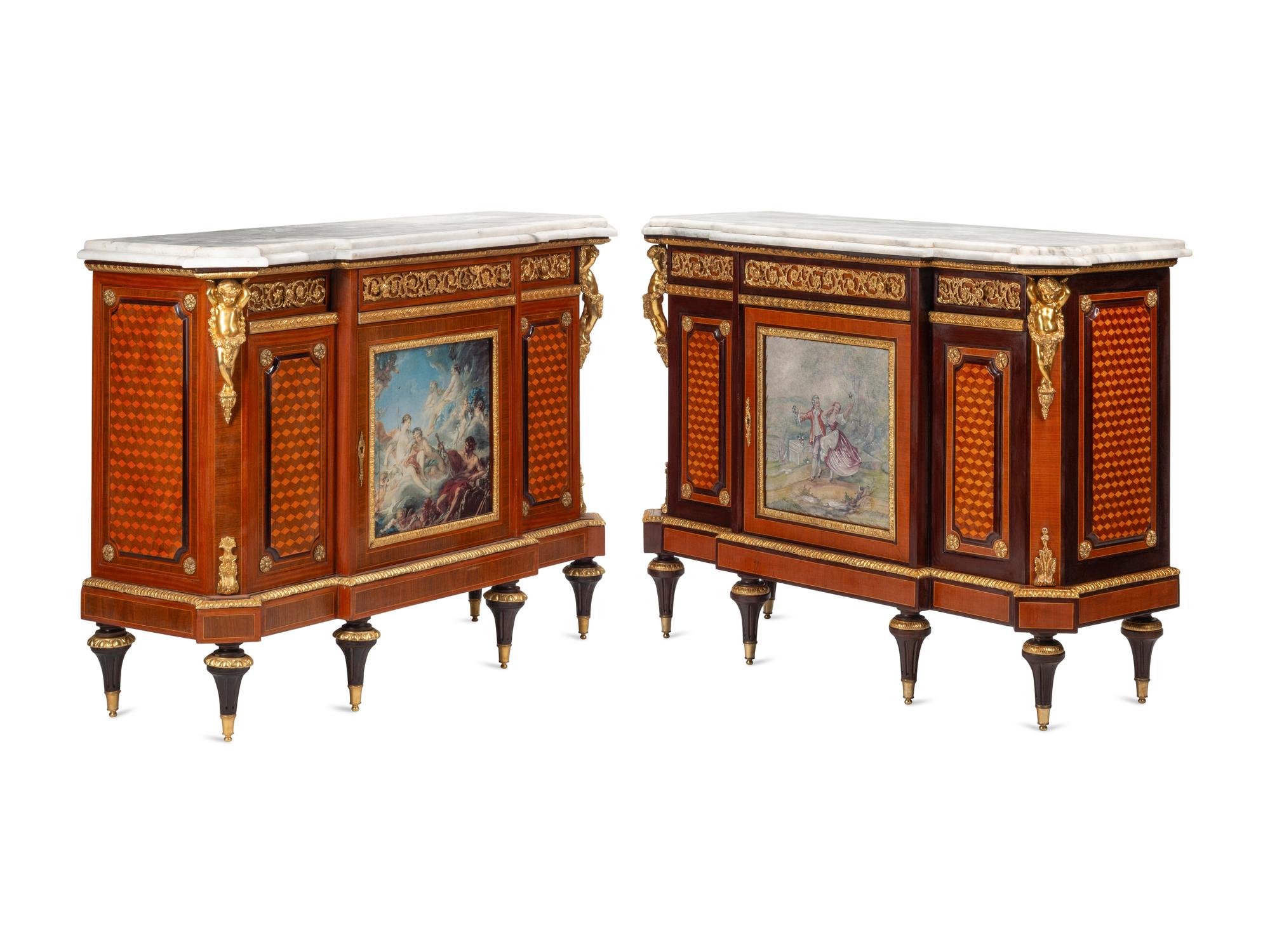 A Matched Pair of Louis XVI Style Gilt Bronze and Porcelain Mounted Parquetry Marble-Top Cabinets