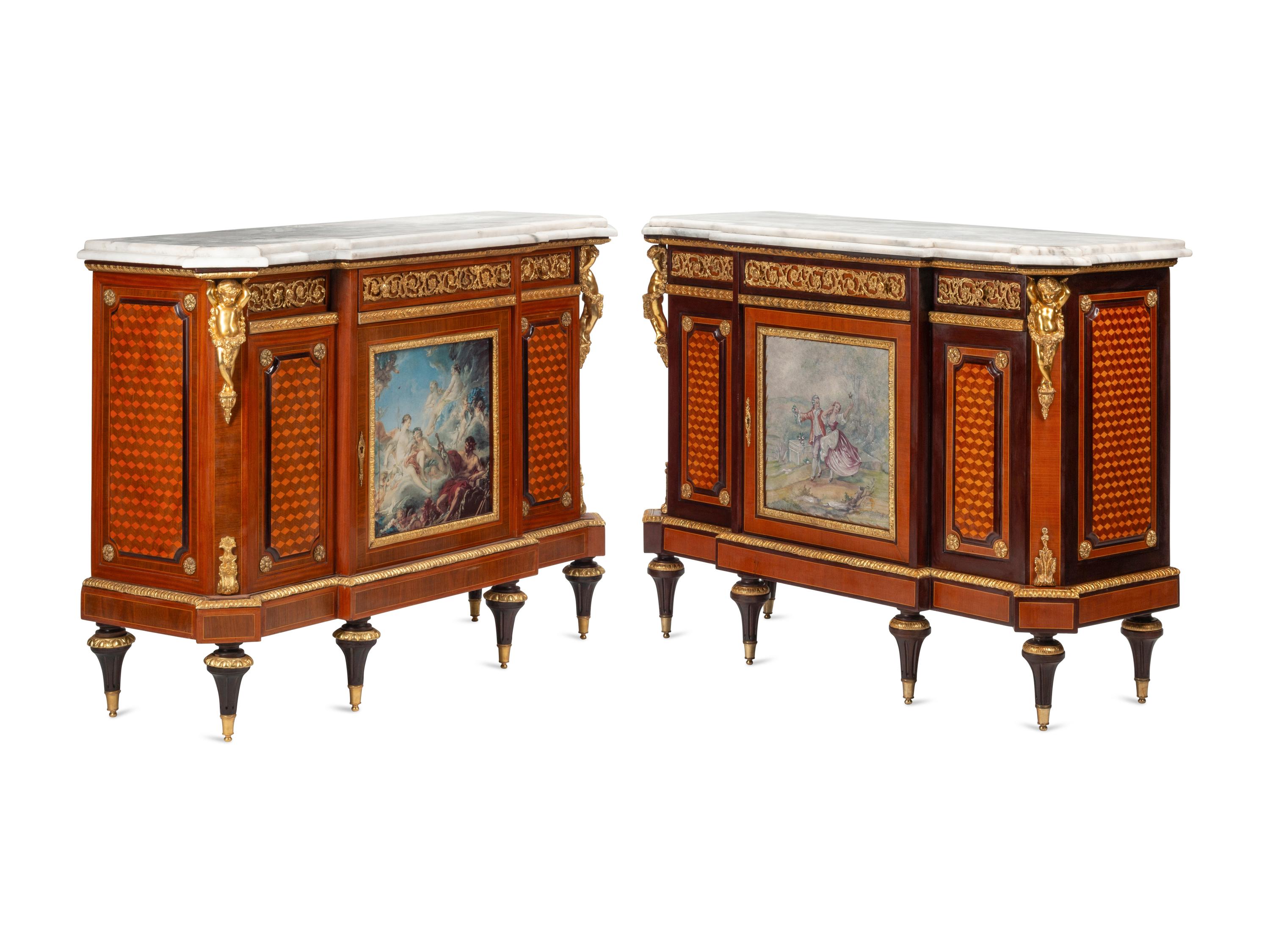 A Matched Pair of Louis XVI Style Gilt Bronze and Porcelain Mounted Parquetry Marble-Top Cabinets