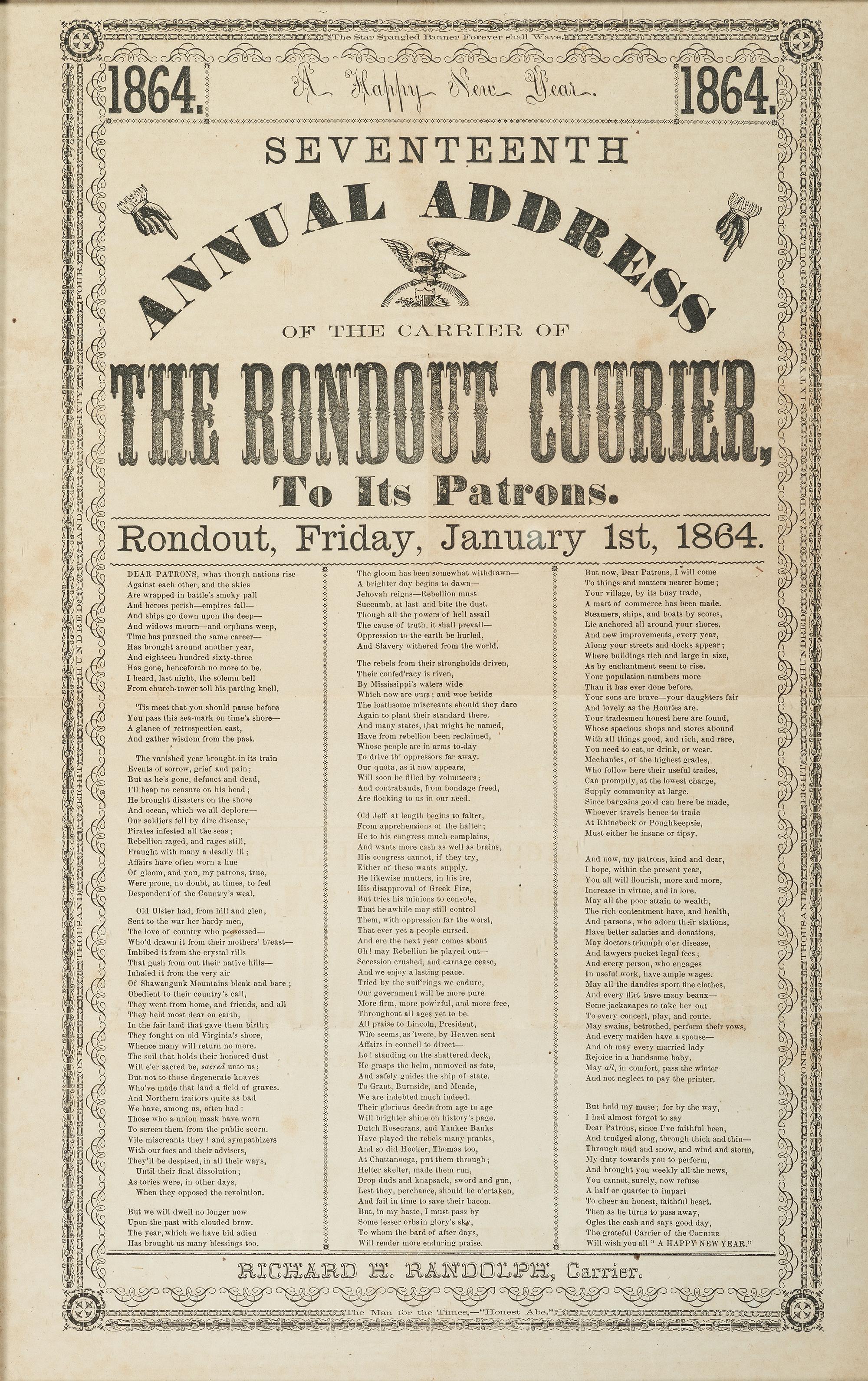 [CIVIL WAR]. RANDOLPH, Richard H. Seventeenth Annual Address of the Carrier of the Rondout Courier, to its Patrons . [Rondout, NY]: N.p., 1 January 1864.