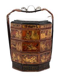 A Chinese Gilt and Lacquer Tiered Basket