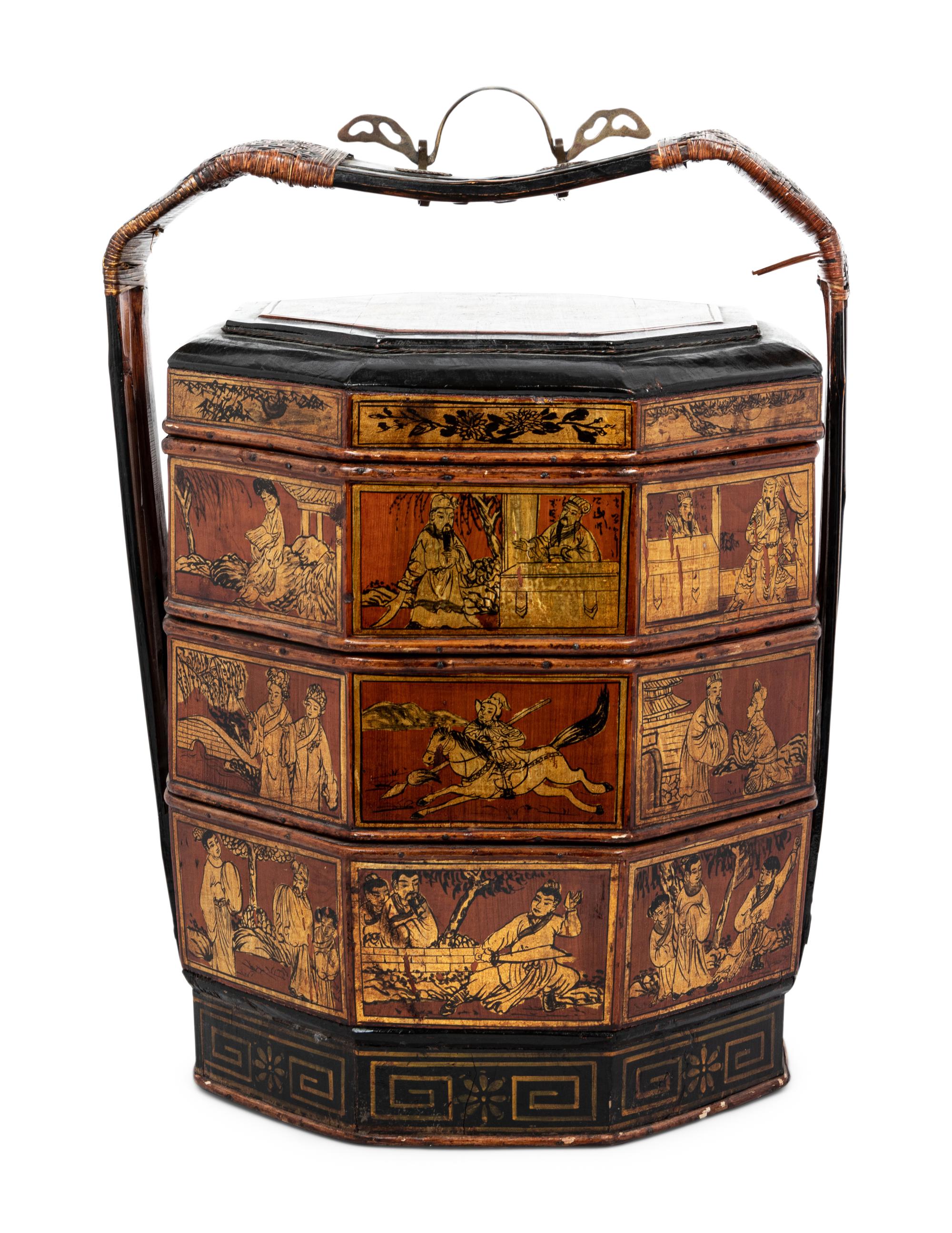 A Chinese Gilt and Lacquer Tiered Basket