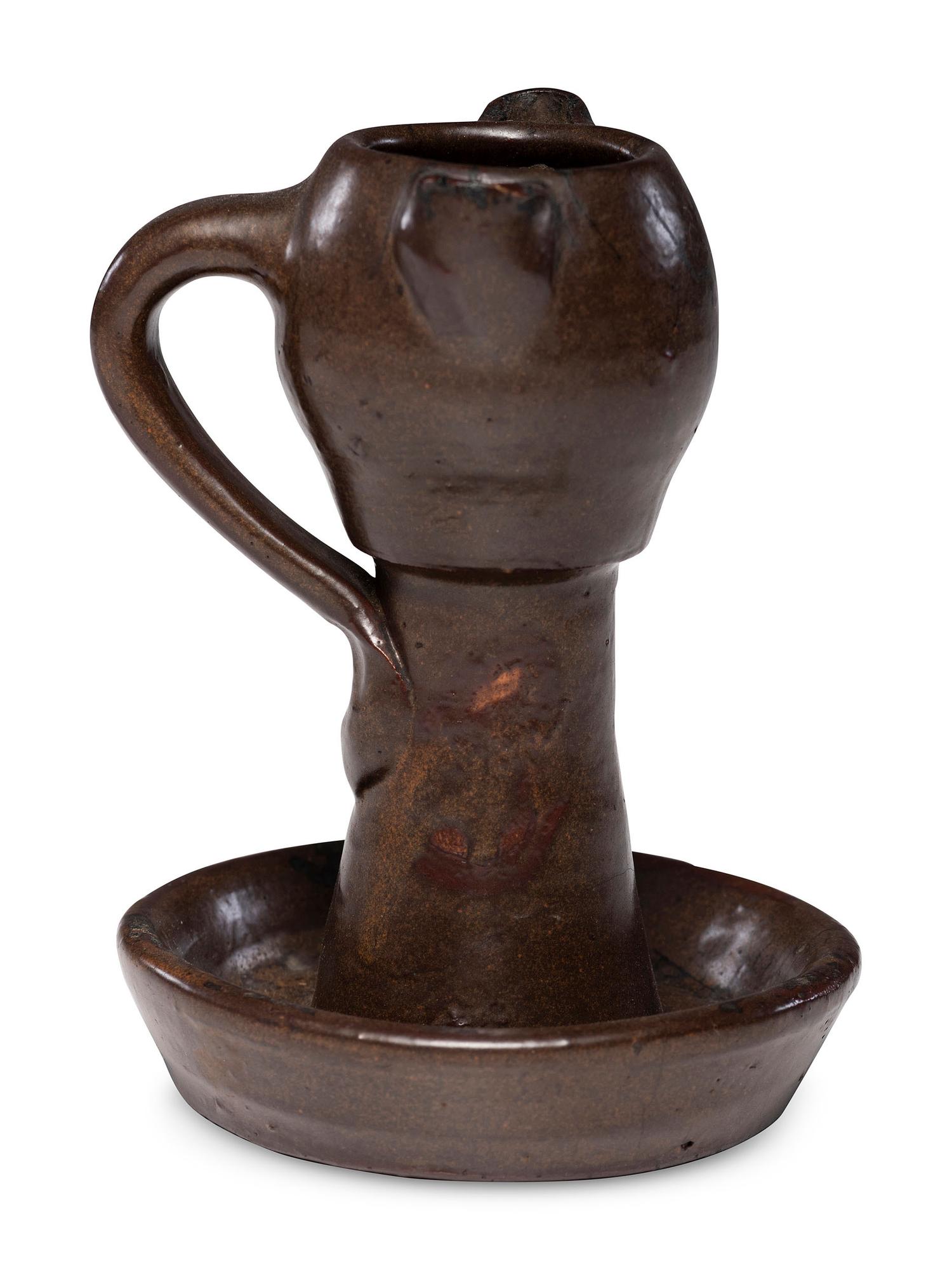 A Rare Double-Spouted Stoneware Grease Lamp, Attributed to Samuel Routson