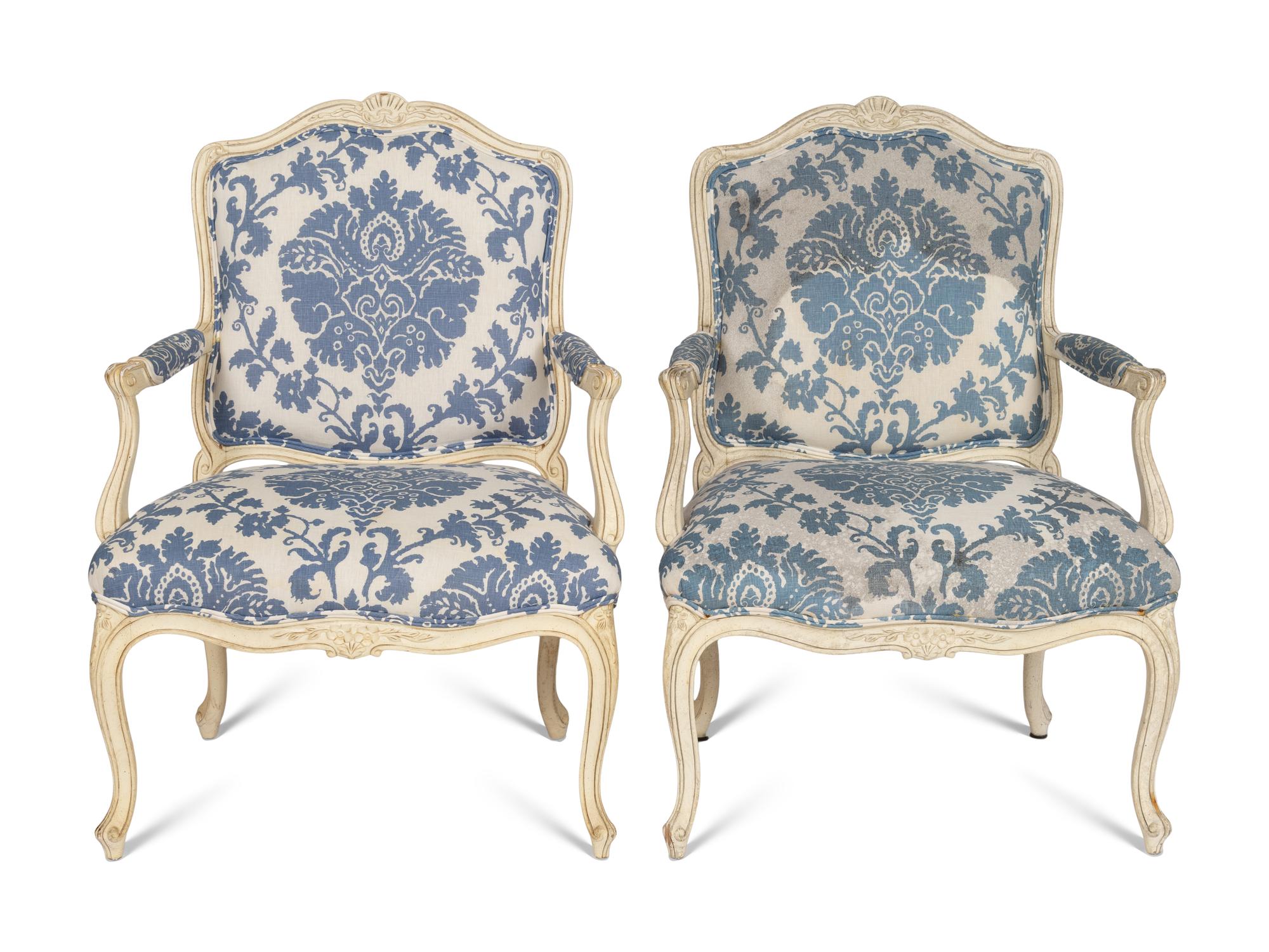 A Pair of Louis XV Style White-Painted Fauteuils
