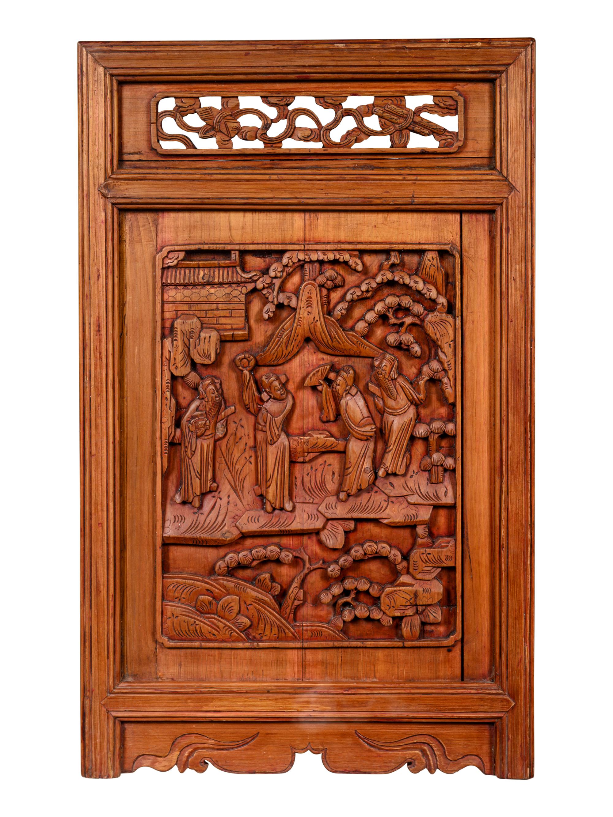 A Pair of Chinese Carved Softwood Panels