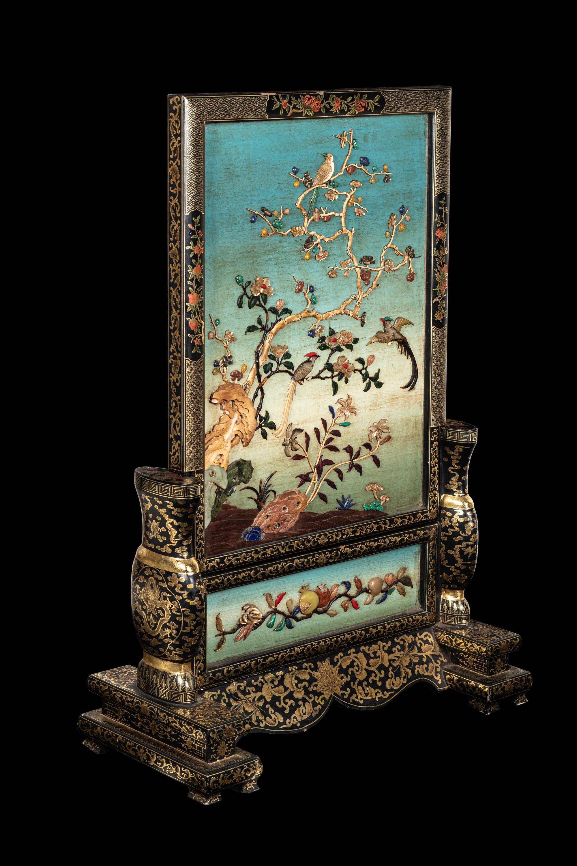 A Large Hardstone Embellished, Gilt and Black Lacquered Wood Screen