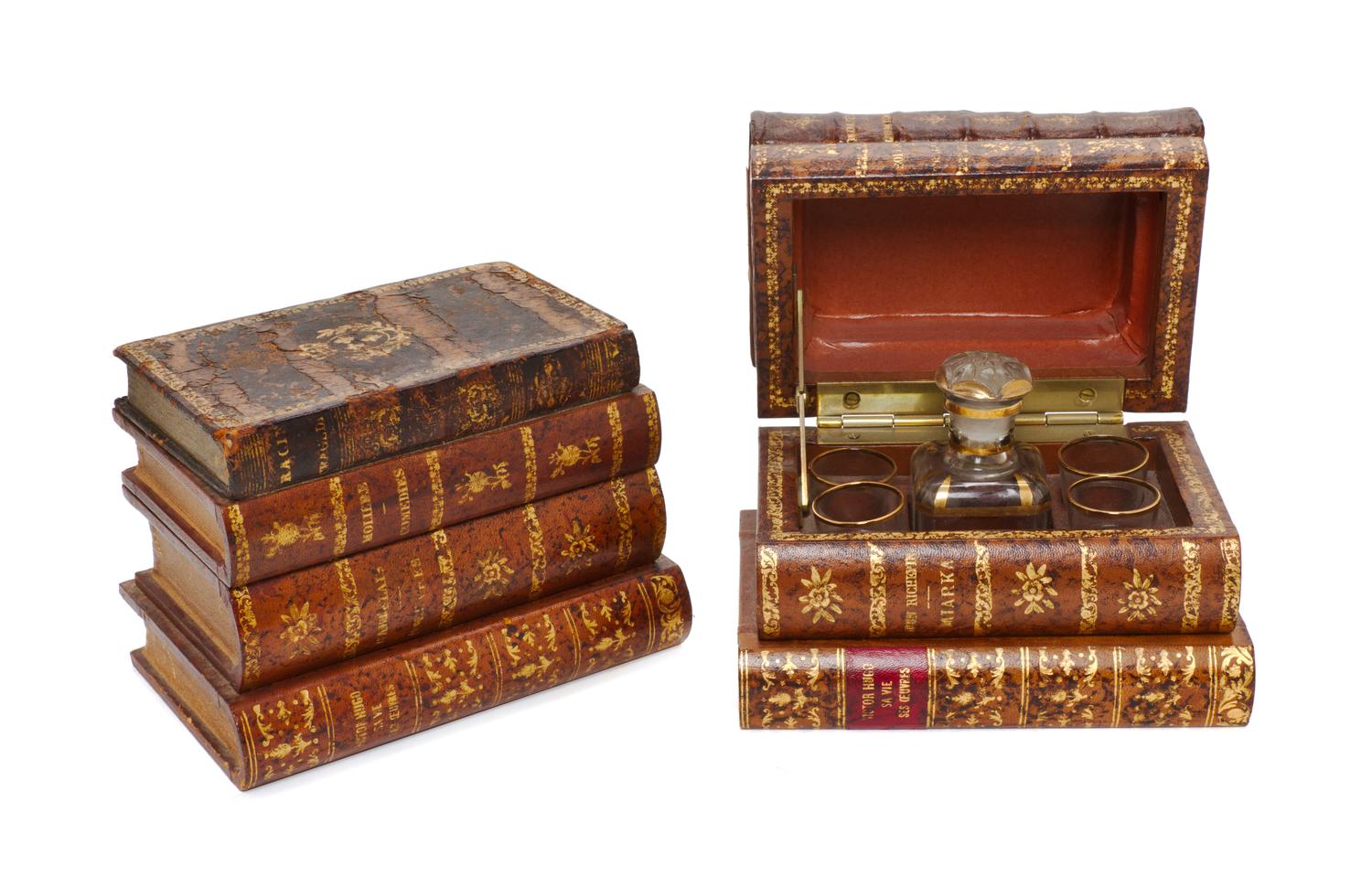 A Pair of French Book Form Decanter Sets, Height of tallest 5 1/4 x width 7 1/8 x depth 4 3/4 inches.