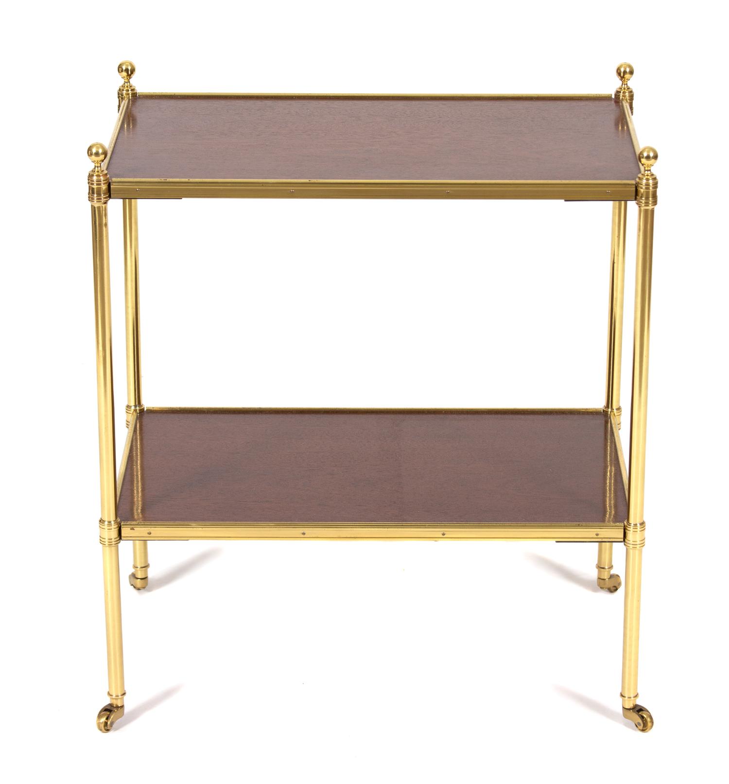 A Two-Tier Brass and Mahogany Side Table Height 23 1/2 x width 20 1/2 x depth 12 inches. — 20TH CENTURY