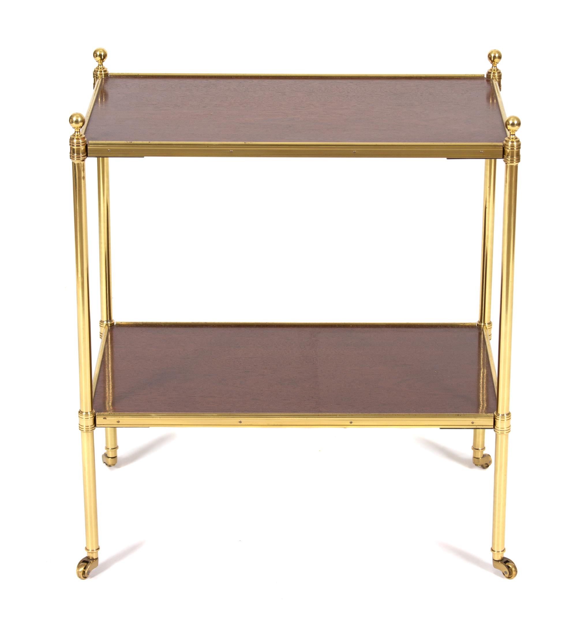 A Two-Tier Brass and Mahogany Side Table Height 23 1/2 x width 20 1/2 x depth 12 inches. — 20TH CENTURY