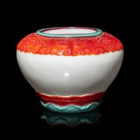 A Chinese Turquoise and Ruby Overlay White Glass Water Pot, Qianlong Mark and Period 清乾隆 白地套彩料饕餮蓮紋水盂