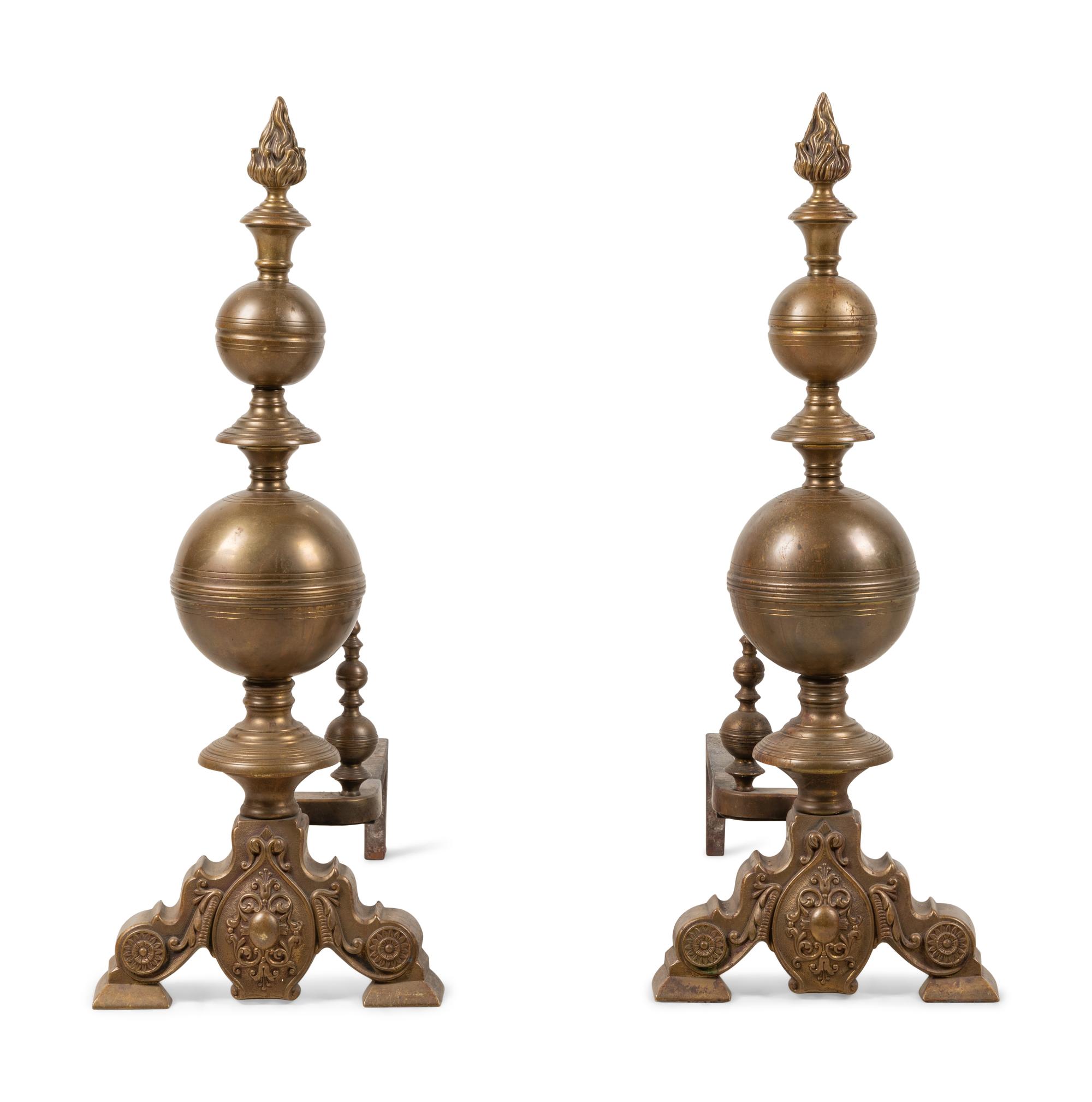 A Pair of Continental Baroque Style Bronze Andirons