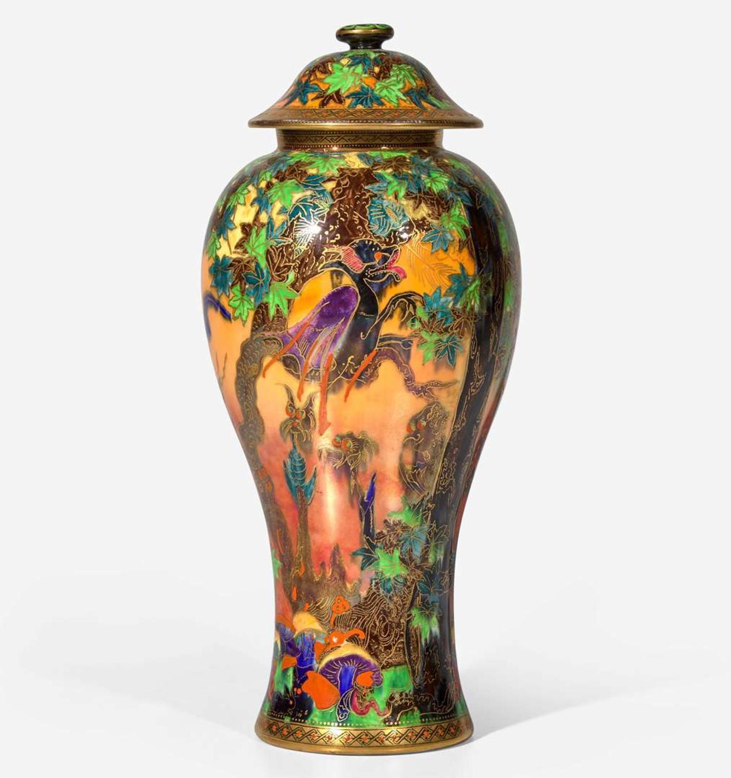 A Wedgwood Flame Fairyland Lustre "Ghostly Wood" Vase and Cover UK, circa 1925
