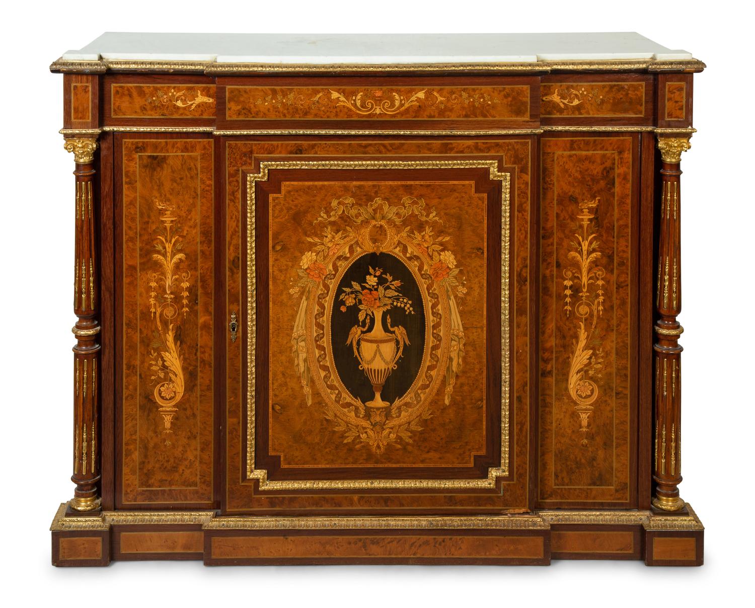 A Napoleon III Style Gilt Bronze Mounted Marquetry Marble-Top Cabinet
