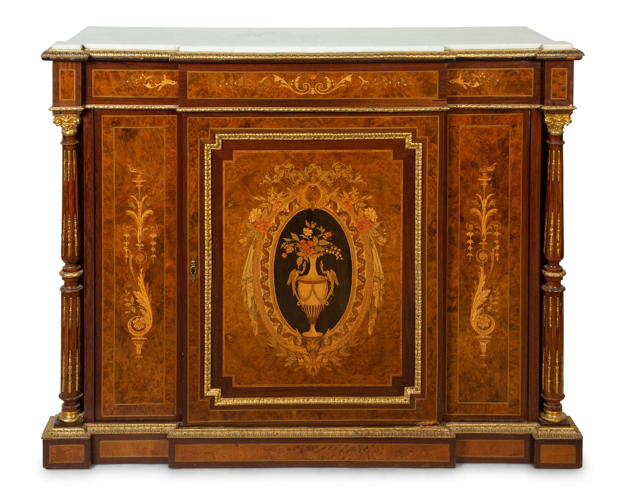 A Napoleon III Style Gilt Bronze Mounted Marquetry Marble-Top Cabinet