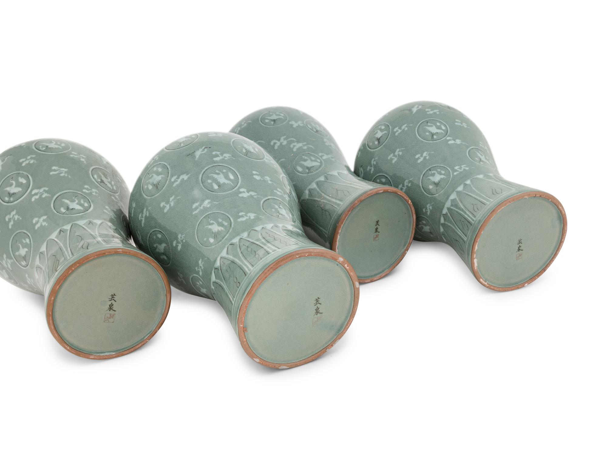 Four Korean Celadon Ground Porcelain 'Crane and Cloud' MaeByong Vases