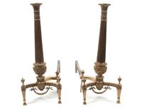 A Pair of Neoclassical Brass Andirons Height 28 1/2 inches.
