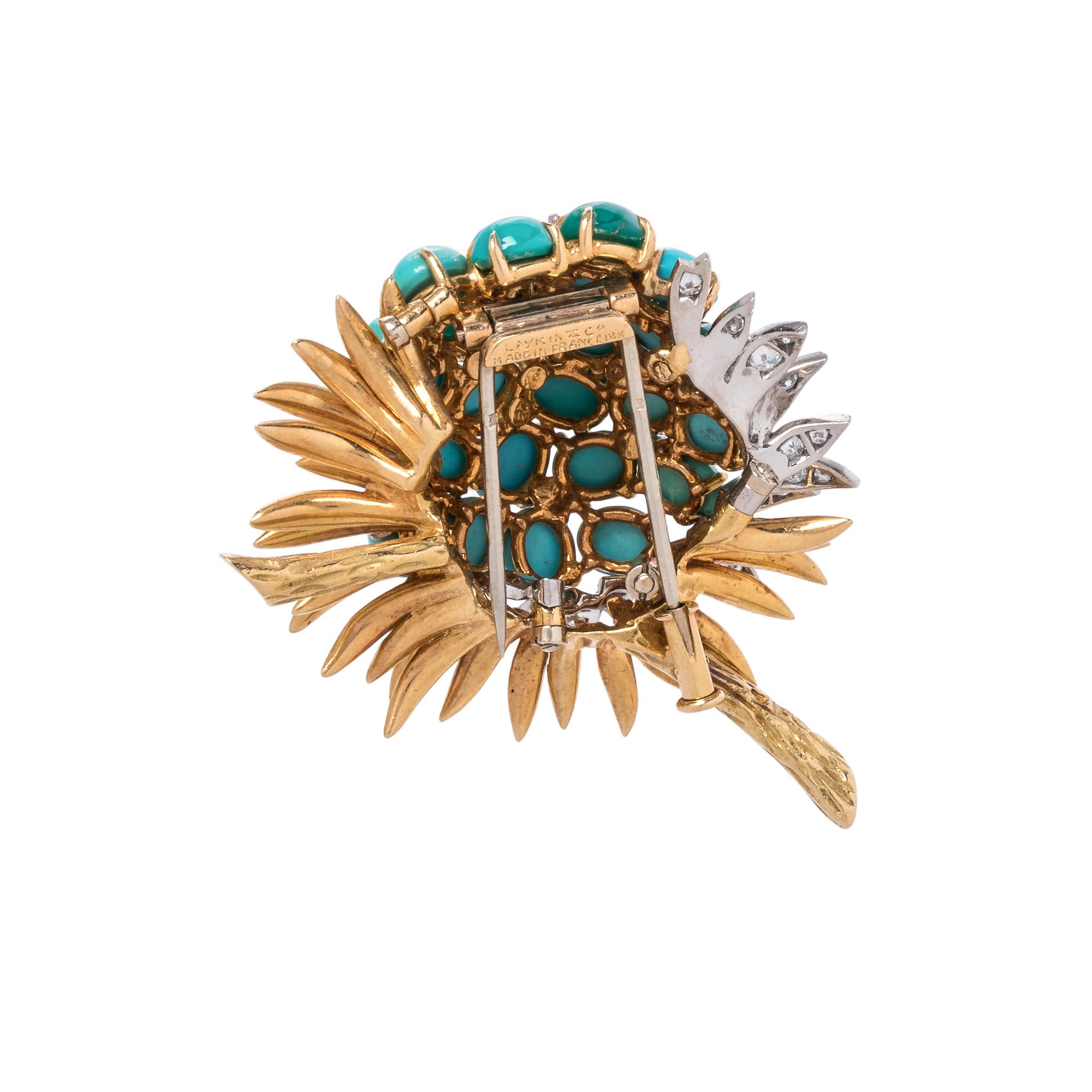 LAYKIN ET CIE, TURQUOISE AND DIAMOND FLOWER BROOCH