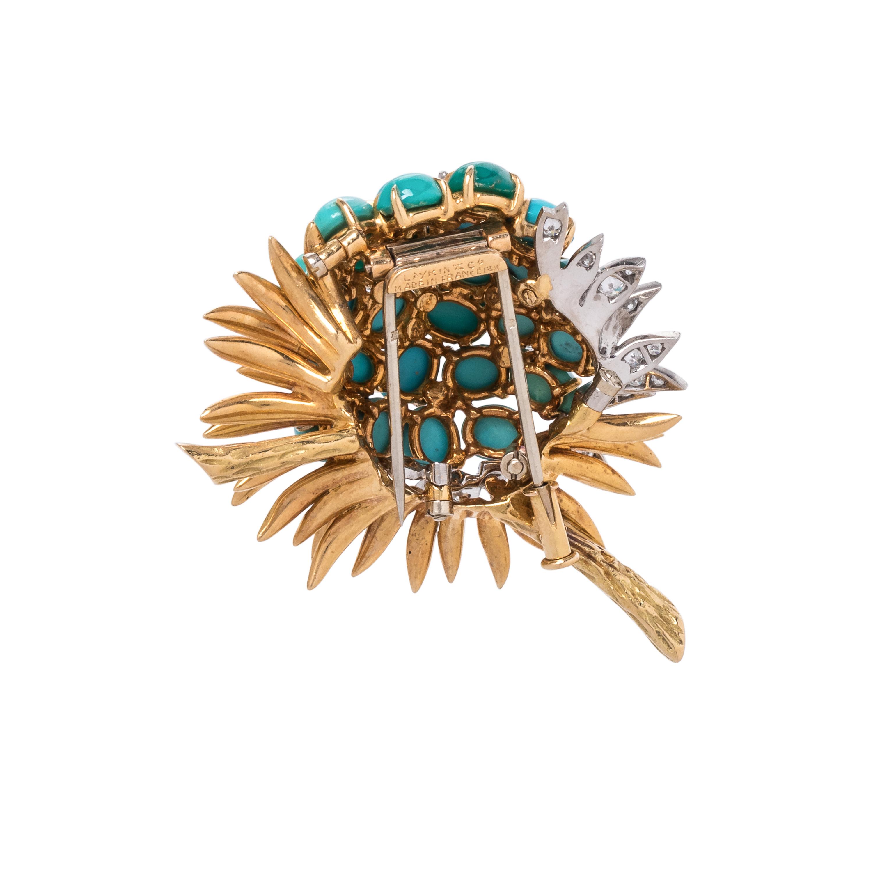 LAYKIN ET CIE, TURQUOISE AND DIAMOND FLOWER BROOCH