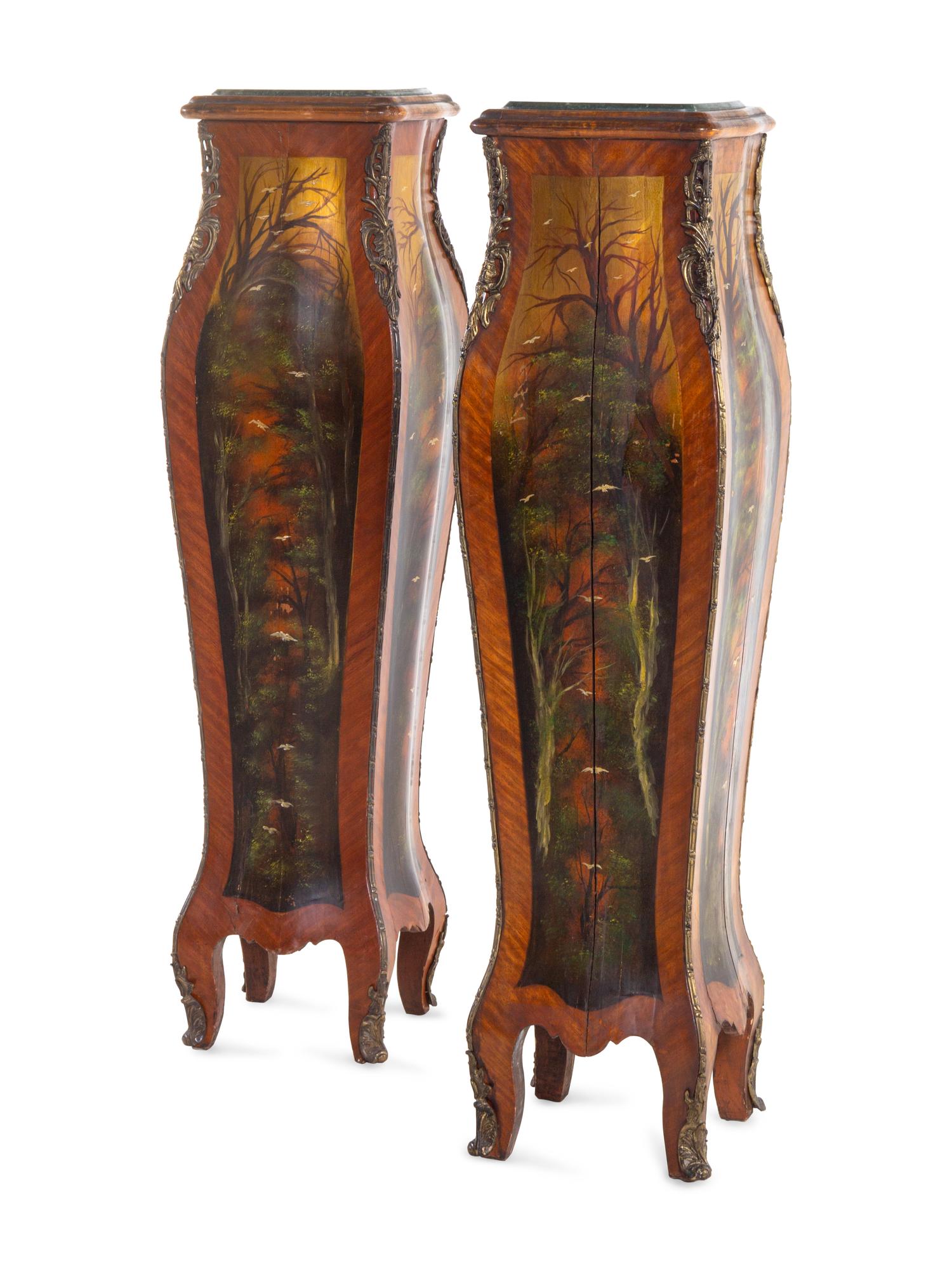 A Pair of Louis XV Style Gilt Metal Mounted Vernis Martin Style Pedestals