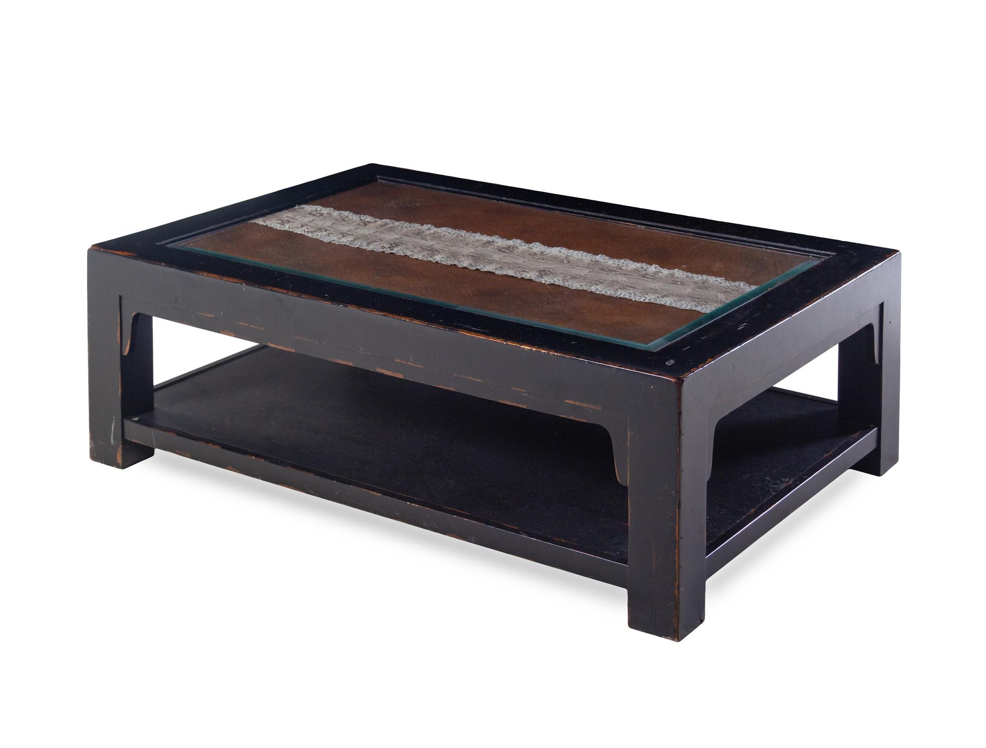 A Chinese Style Black Lacquer Low Table with Rattan and a Python-Skin Inset Top